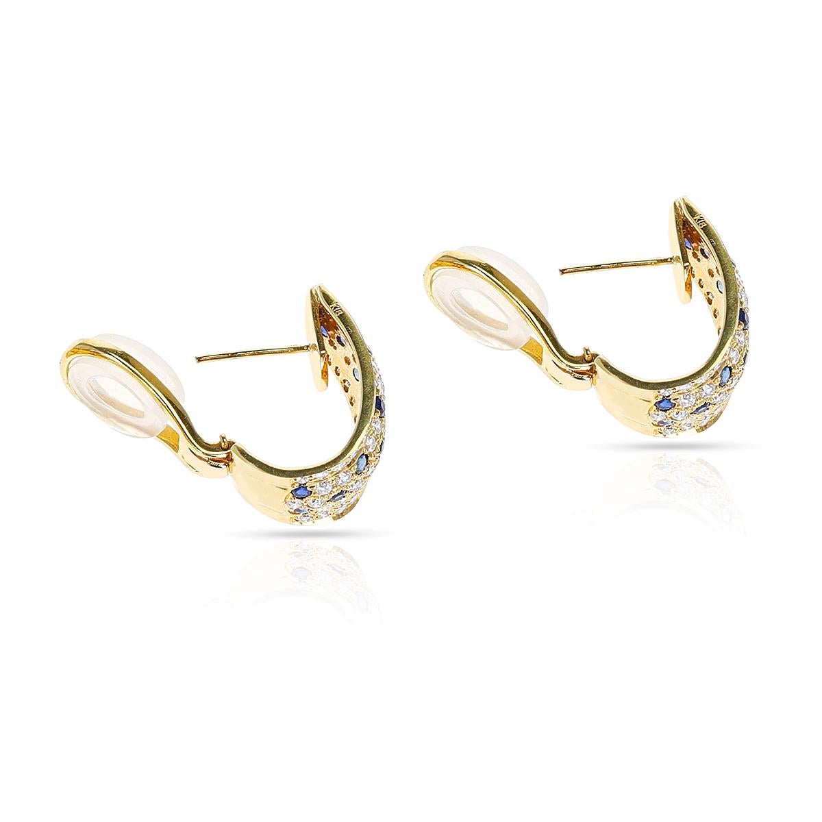 Round Cut Half-Hoop Diamond and Sapphire Earrings, 18K For Sale