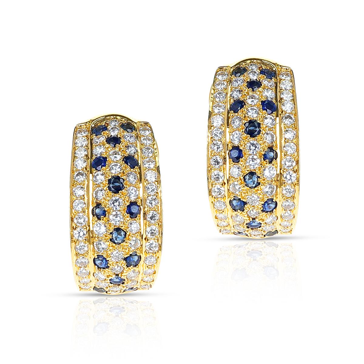 Half-Hoop Diamond and Sapphire Earrings, 18K In Excellent Condition For Sale In New York, NY