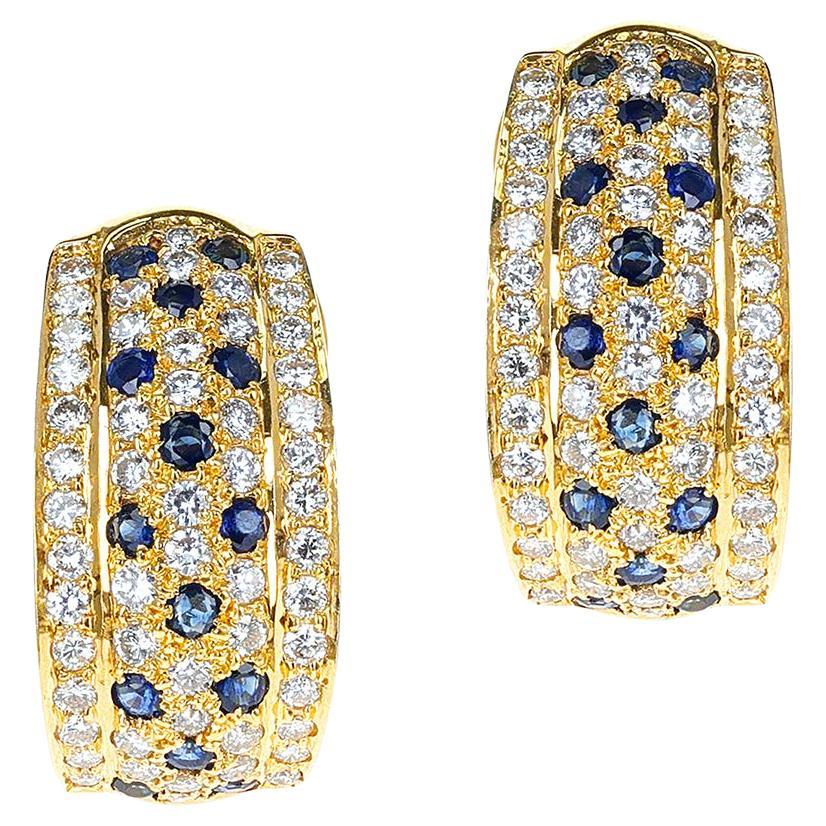 Half-Hoop Diamond and Sapphire Earrings, 18K For Sale