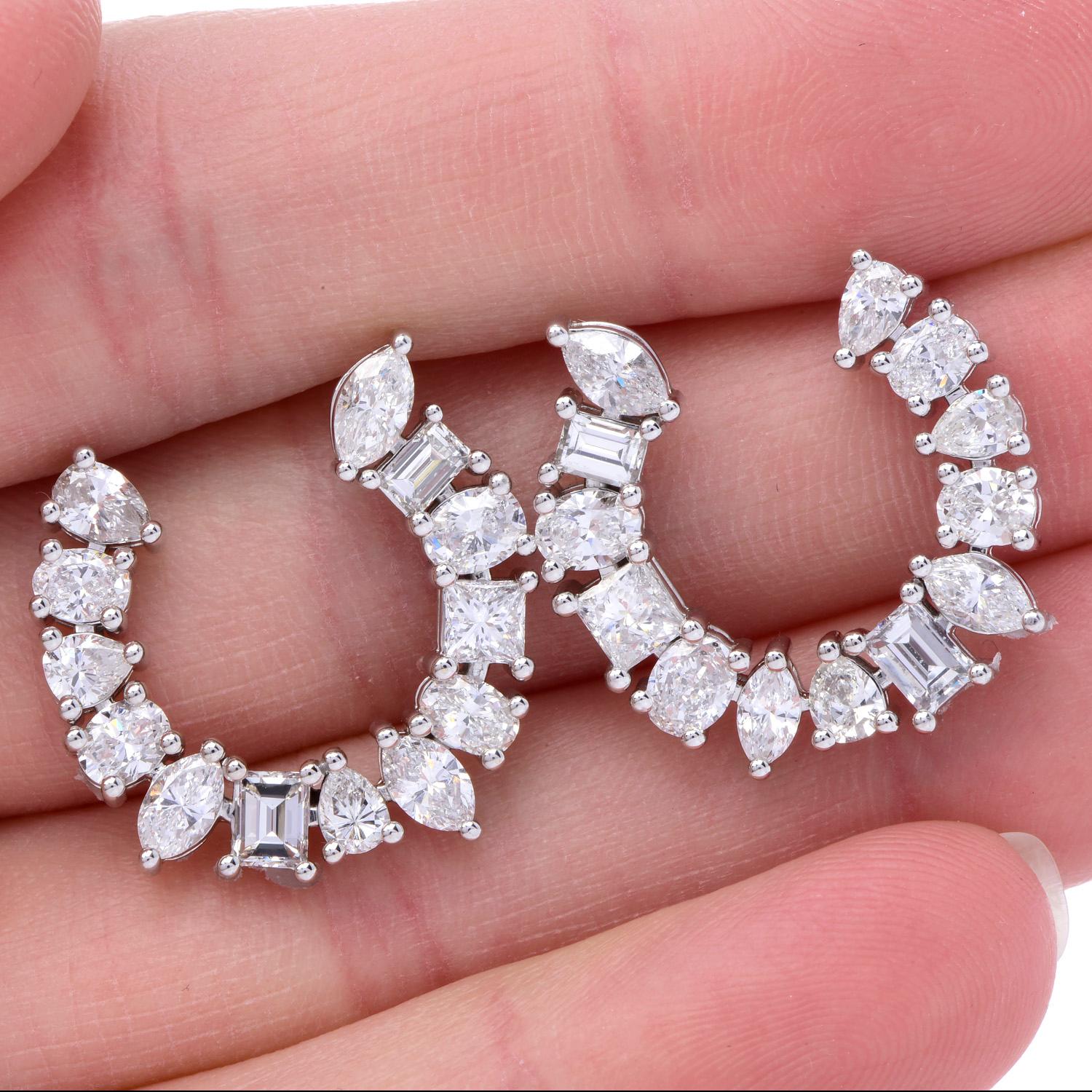 Modern Half Hoop Diamond Platinum Multi-Shaped Link Hoop Earrings