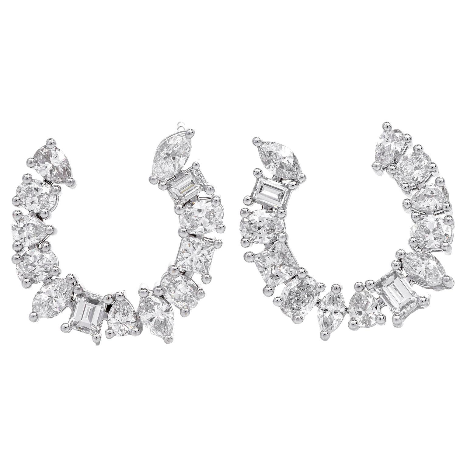 Half Hoop Diamond Platinum Multi-Shaped Link Hoop Earrings