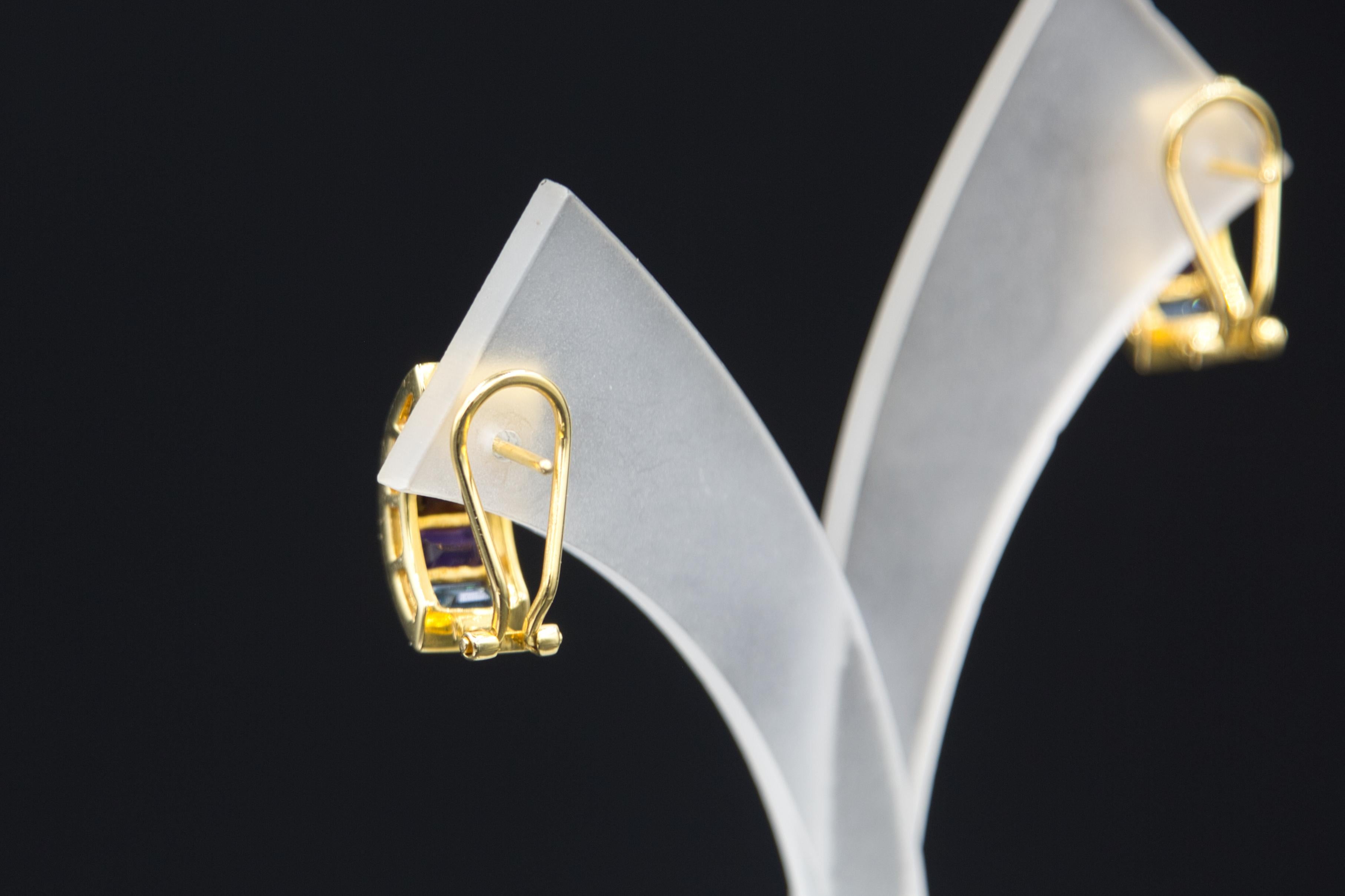 Baguette Cut Half hoop earrings of gemstones 14 k gold For Sale