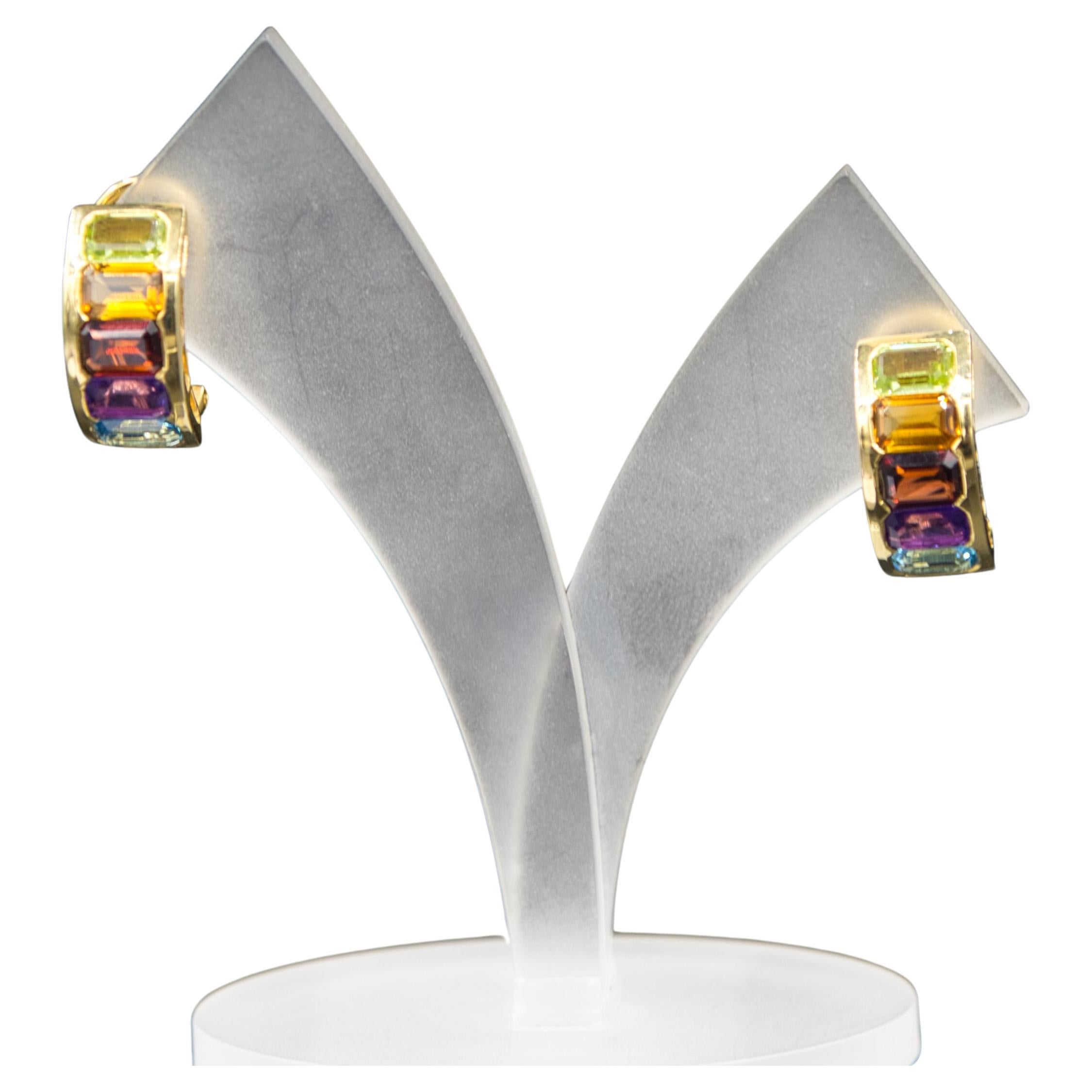 Half hoop earrings of gemstones 14 k gold For Sale