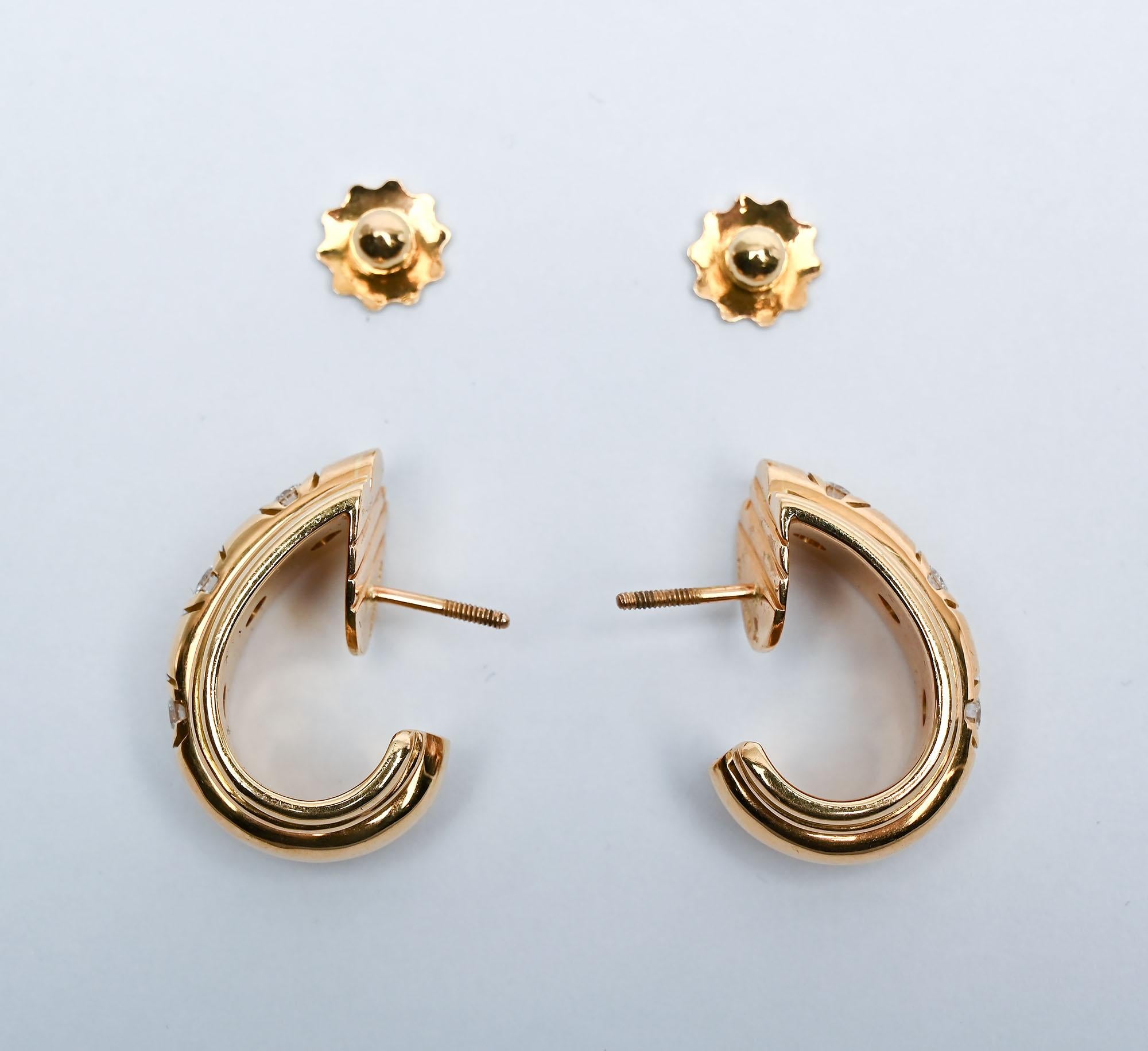 Contemporary Half Hoop Gold Earrings with Diamonds For Sale
