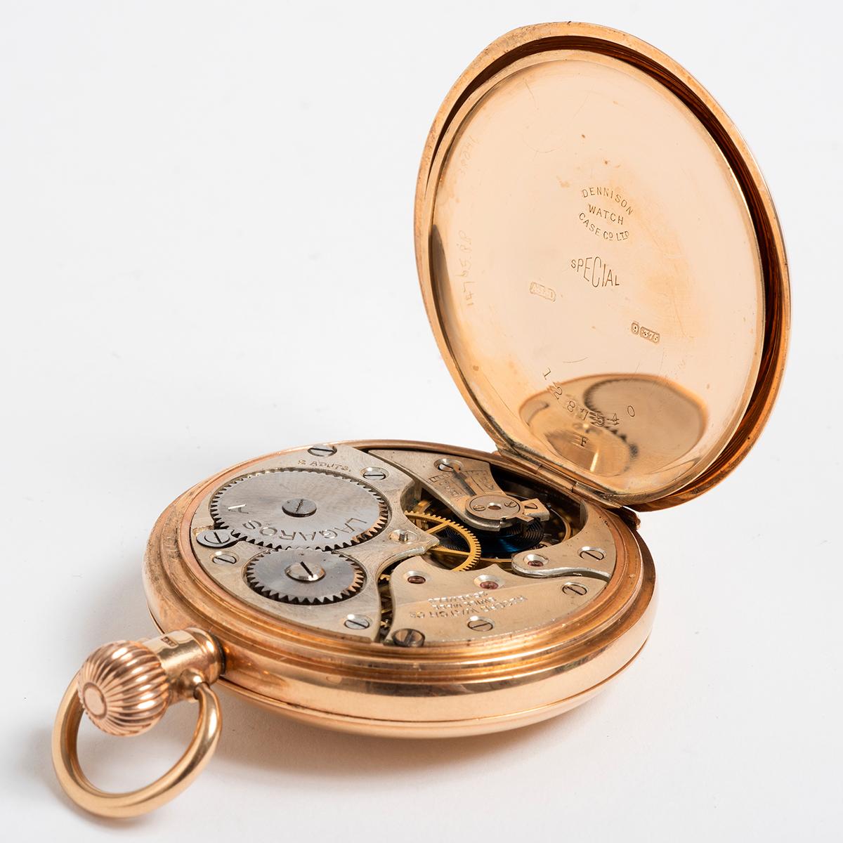 Montre de poche Half Hunter, or jaune 9K par Dennison (H/M 1924), 15 Jewell Mvmt en vente 2