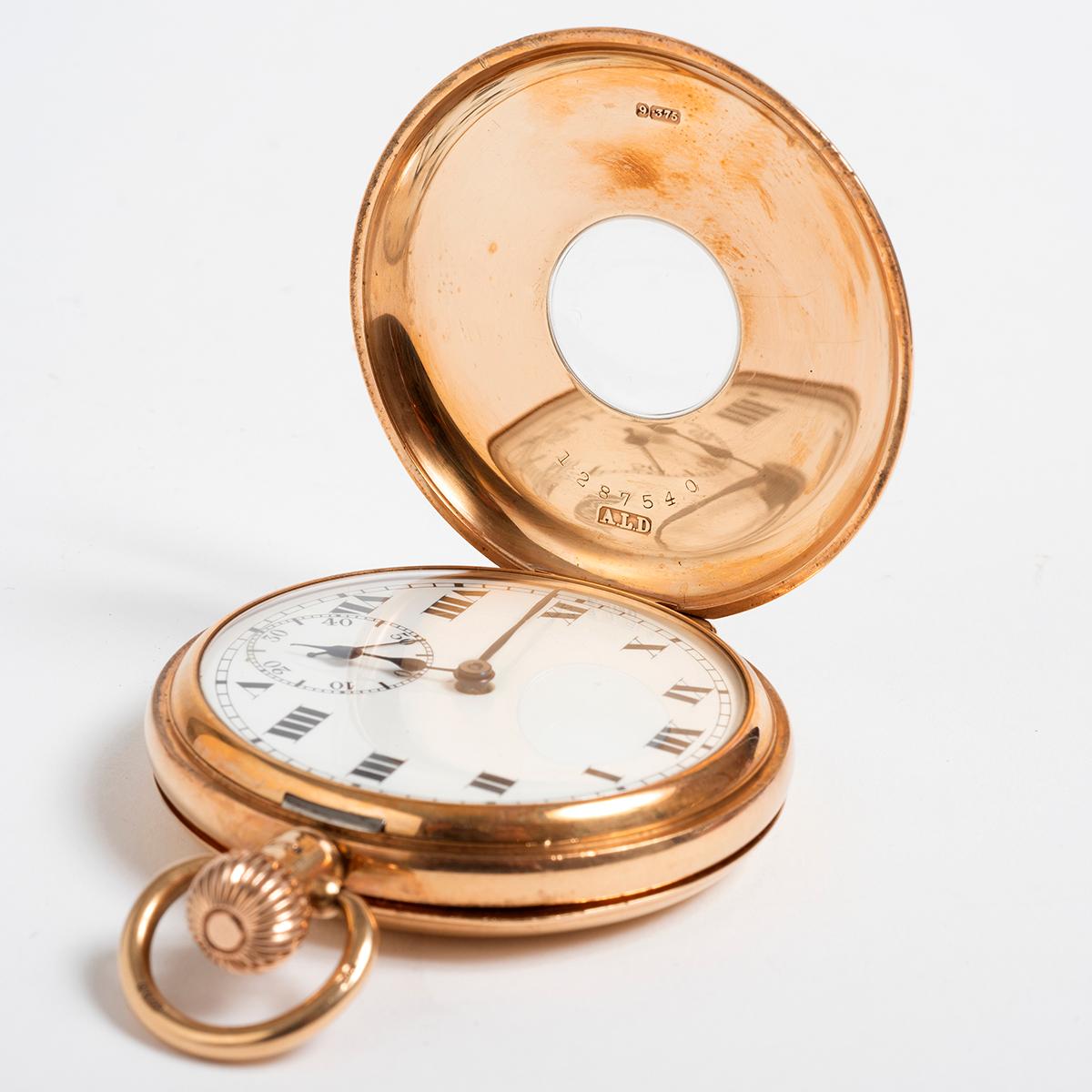 Montre de poche Half Hunter, or jaune 9K par Dennison (H/M 1924), 15 Jewell Mvmt en vente 4