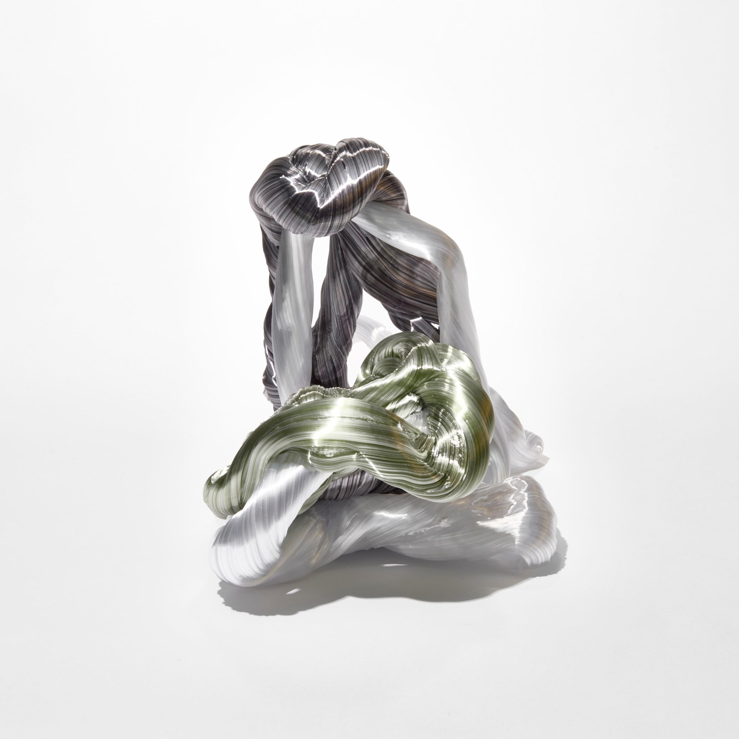 Fatto a mano Half Moon, abstract white, green & grey glass sculpture by Maria Bang Espersen in vendita