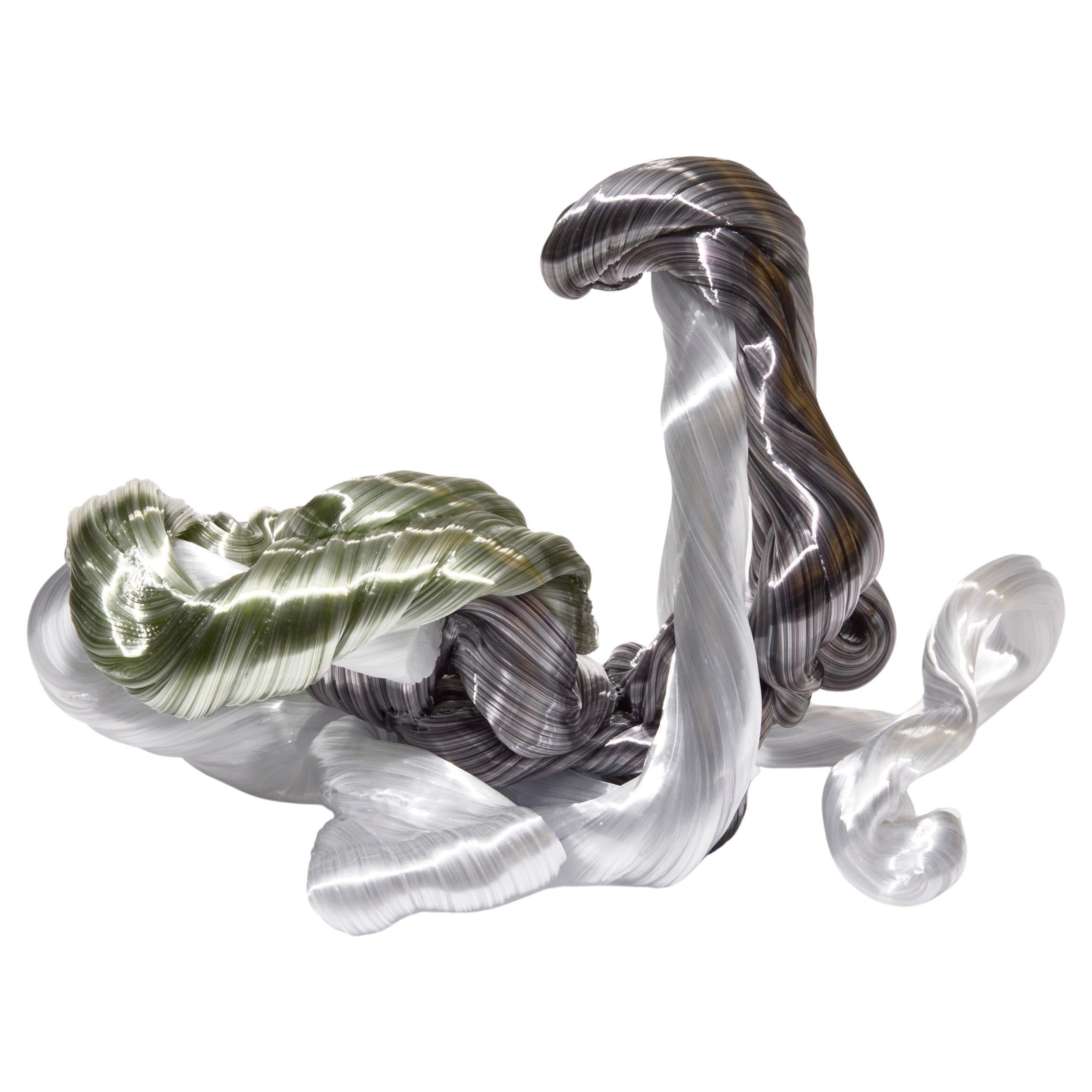 Half Moon, abstract white, green 
grey glass sculpture by Maria Bang Espersen