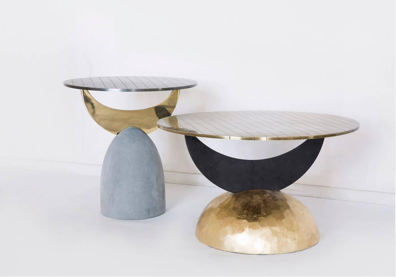 Half moon brass table, Rooms
Dimensions: L 80, W 80cm, H 50cm
Materials: Brass/metal/painted stone

Modular coffee table I

Bearing Rooms’ sense of simplicity and unaffected sophistication, the Half Moon Coffee tables introduce an elemental