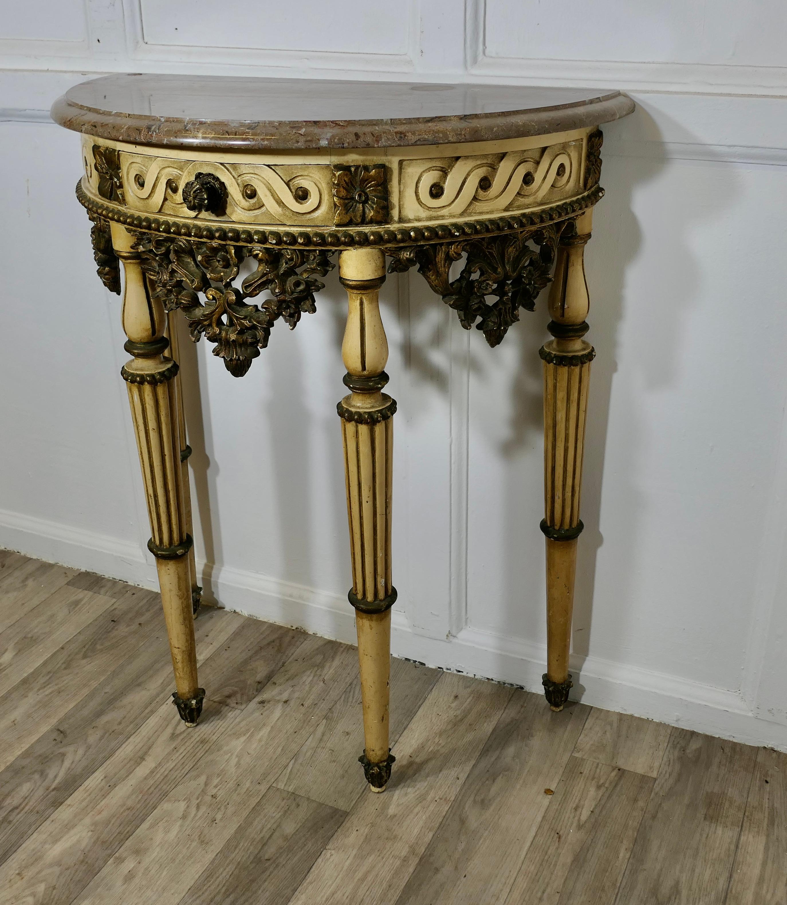 19th Century Half Moon Carved and Painted Console or Hall Table For Sale