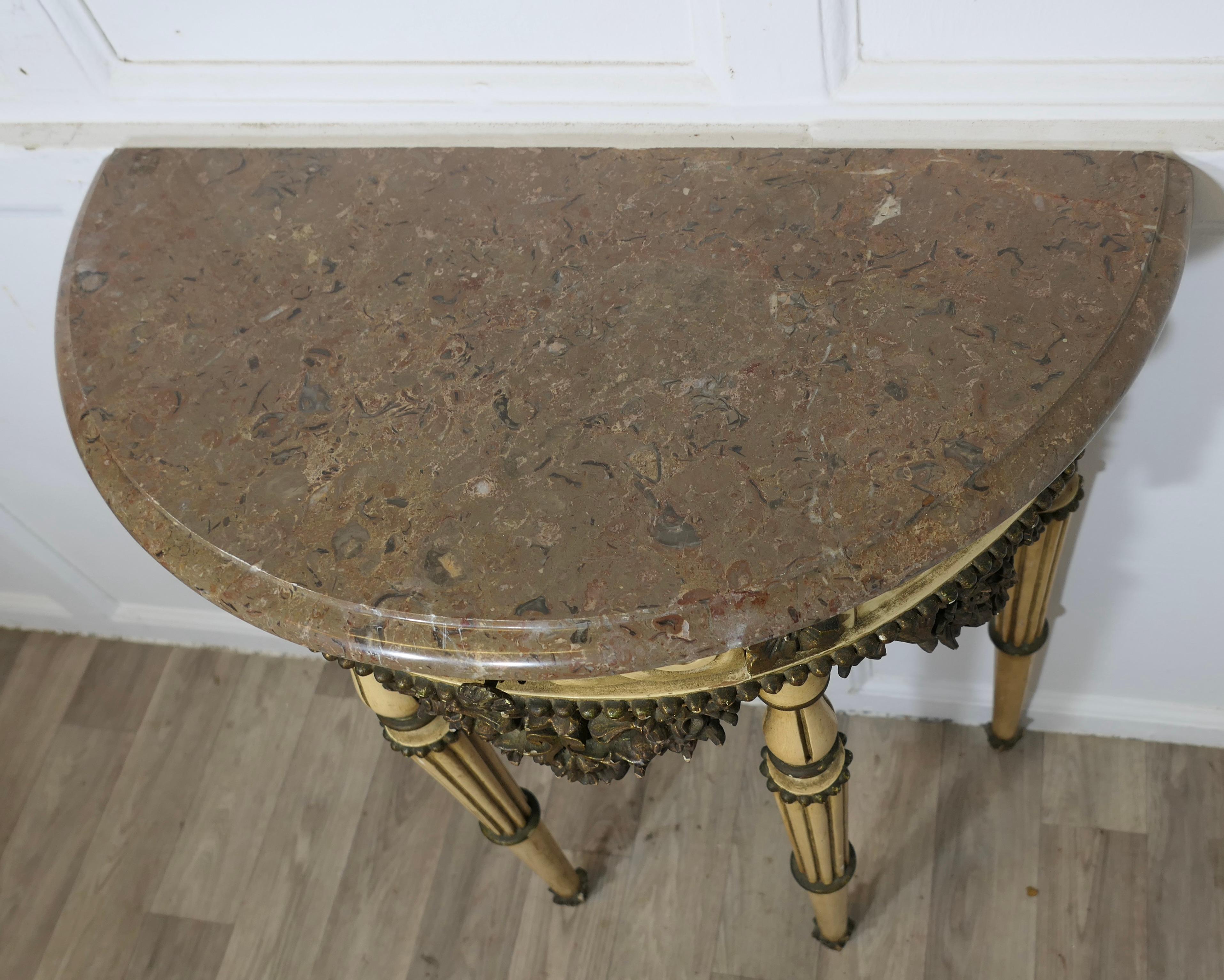 Marble Half Moon Carved and Painted Console or Hall Table For Sale