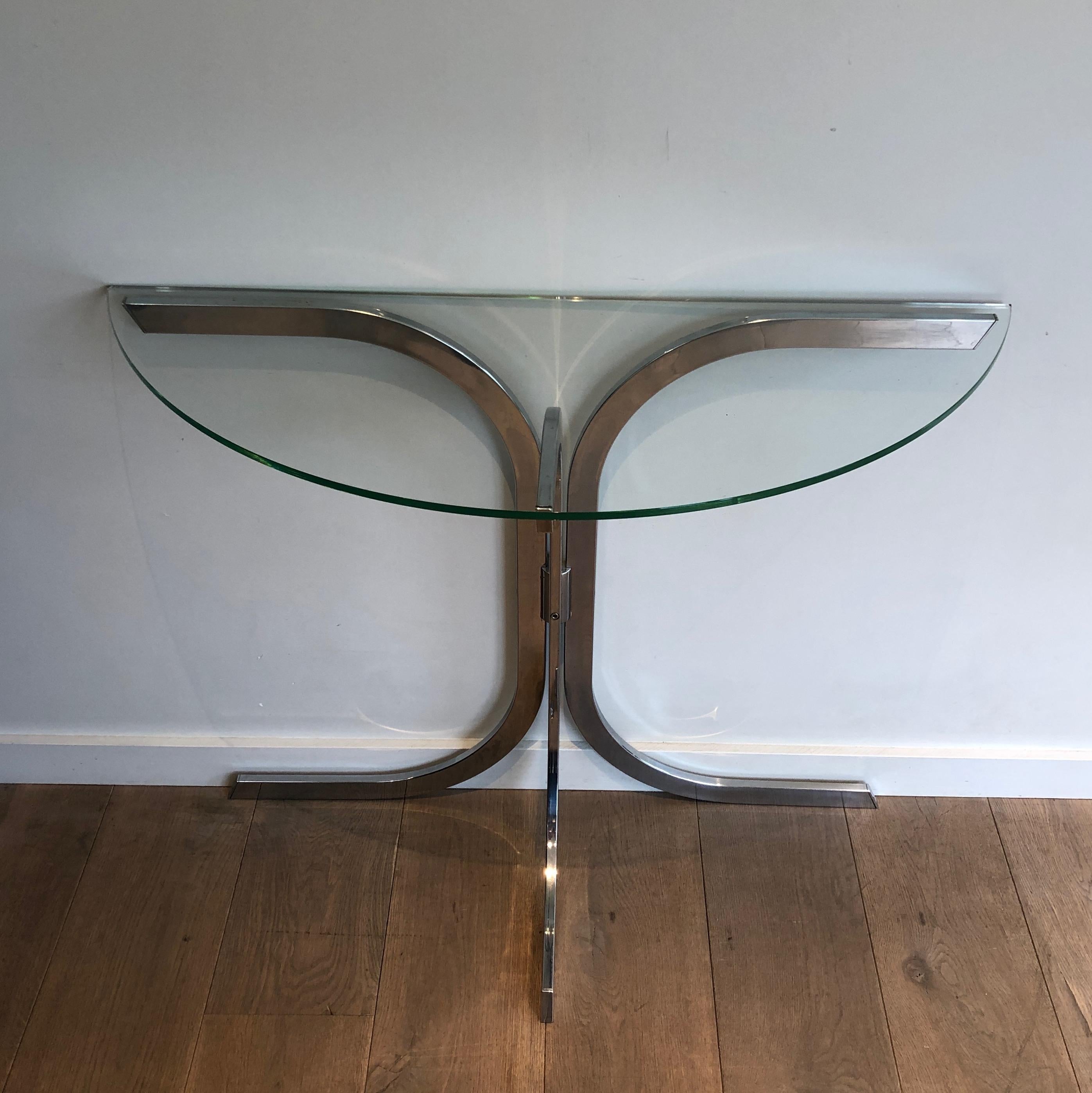 French Half-Moon Chromed Console in the Style of Maison Charles For Sale