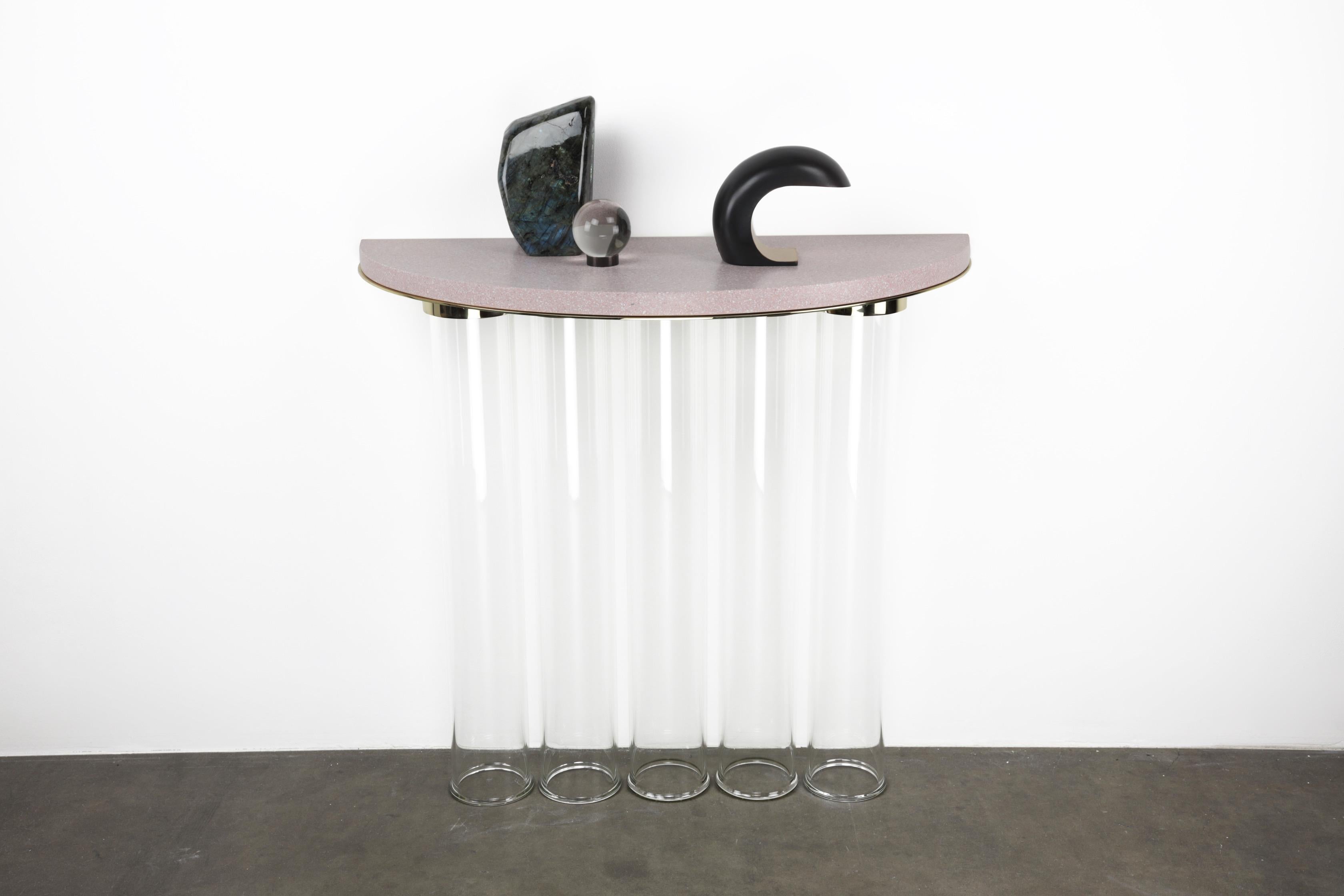 Post-Modern Half Moon Demilune Console in Terrazzo, Glass and Brass by Christopher Kreiling For Sale