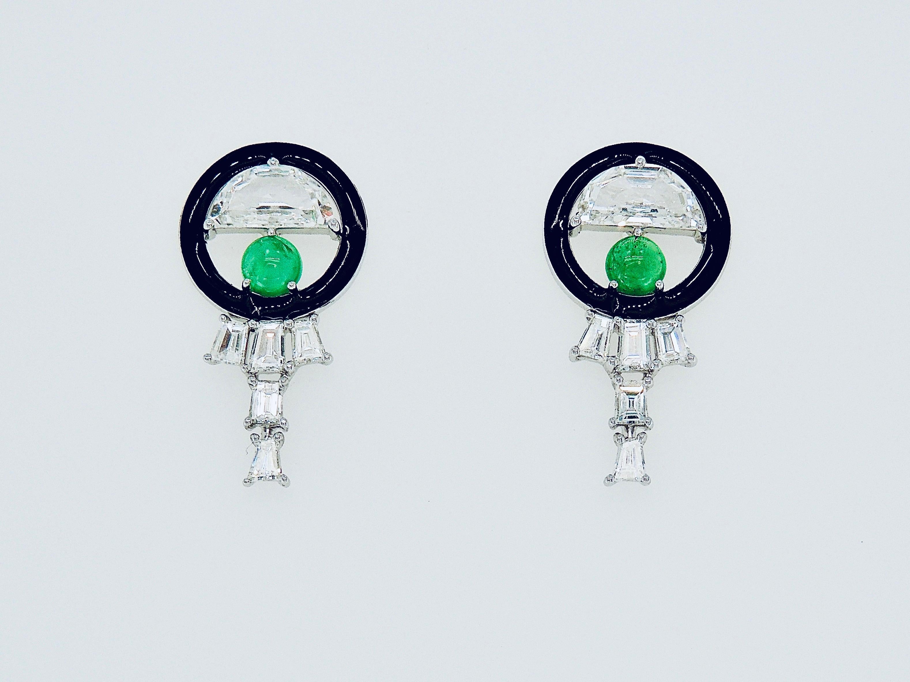 Half Moon Cut Half-Moon Diamond and Emerald Earrings in 18 Karat White Gold For Sale