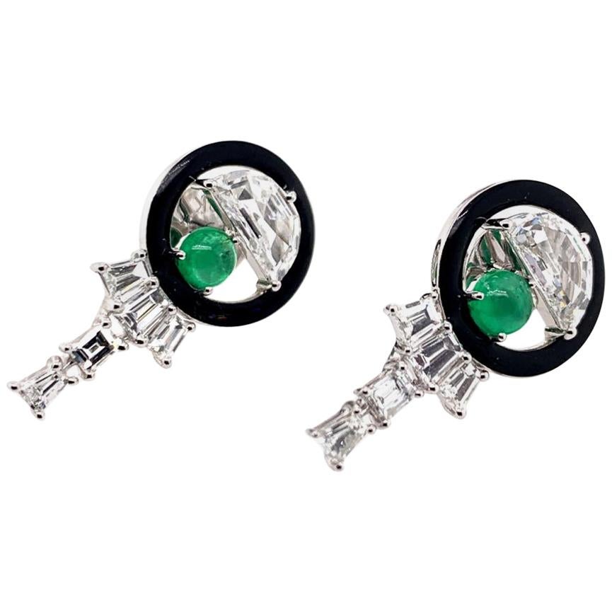 Half-Moon Diamond and Emerald Earrings in 18 Karat White Gold For Sale