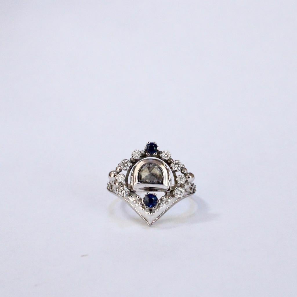 Artisan Half Moon Diamond and Sapphire in 14 Karat White Gold For Sale