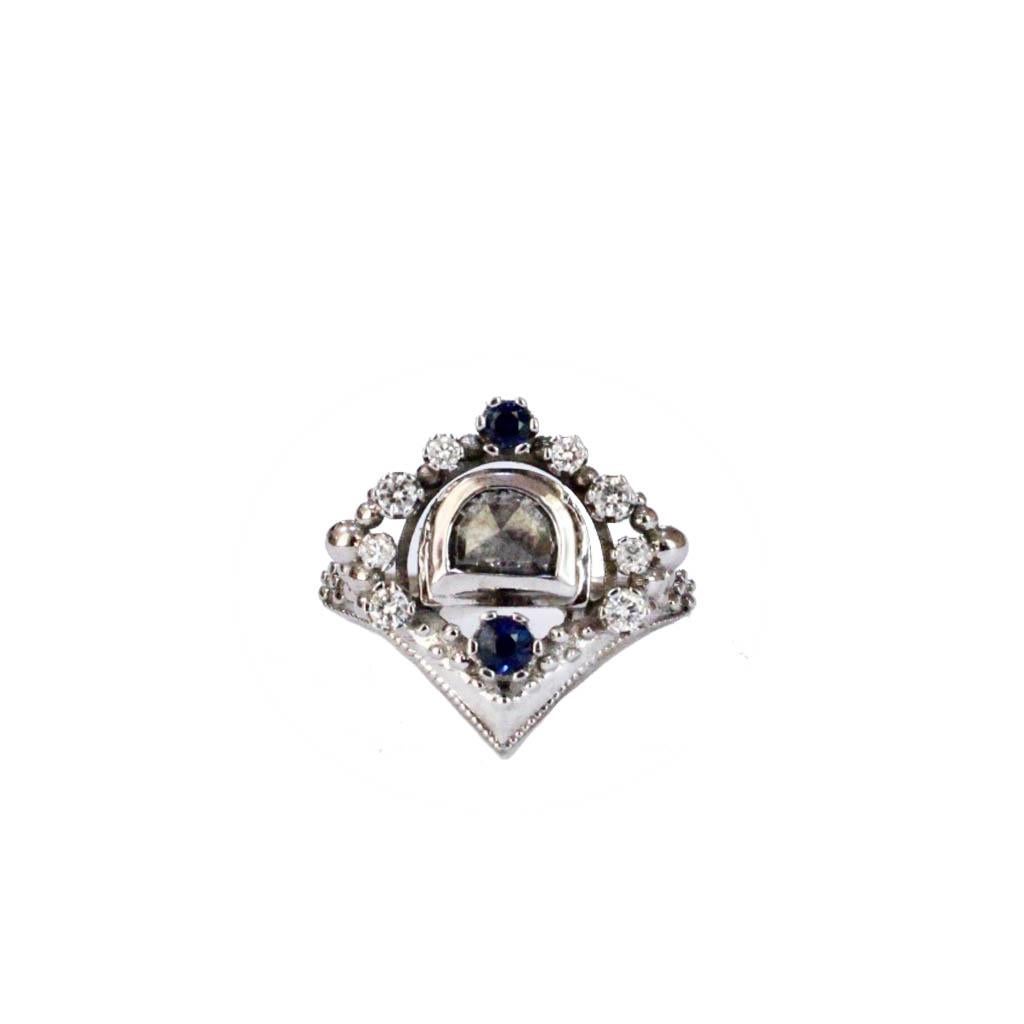Half Moon Diamond and Sapphire in 14 Karat White Gold For Sale 2