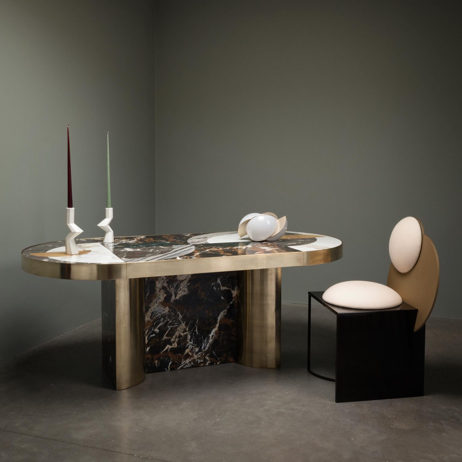 Modern Half Moon Dining Table Travertine Marble Brass, Geometric Lara Bohinc  For Sale