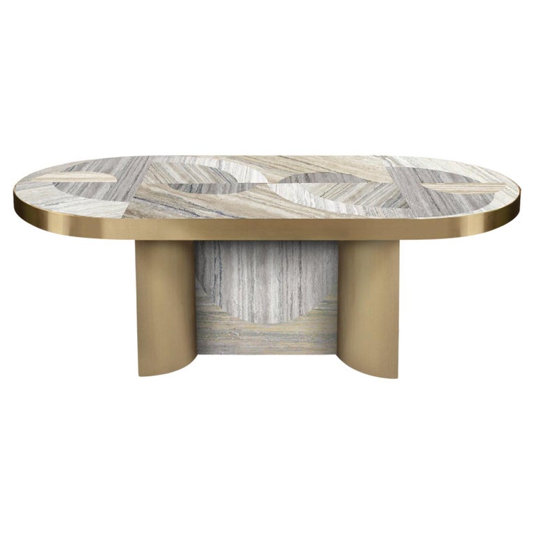 Half Moon Dining Table,Travertine, Marble and Brass, by Lara Bohinc, in Stock For Sale