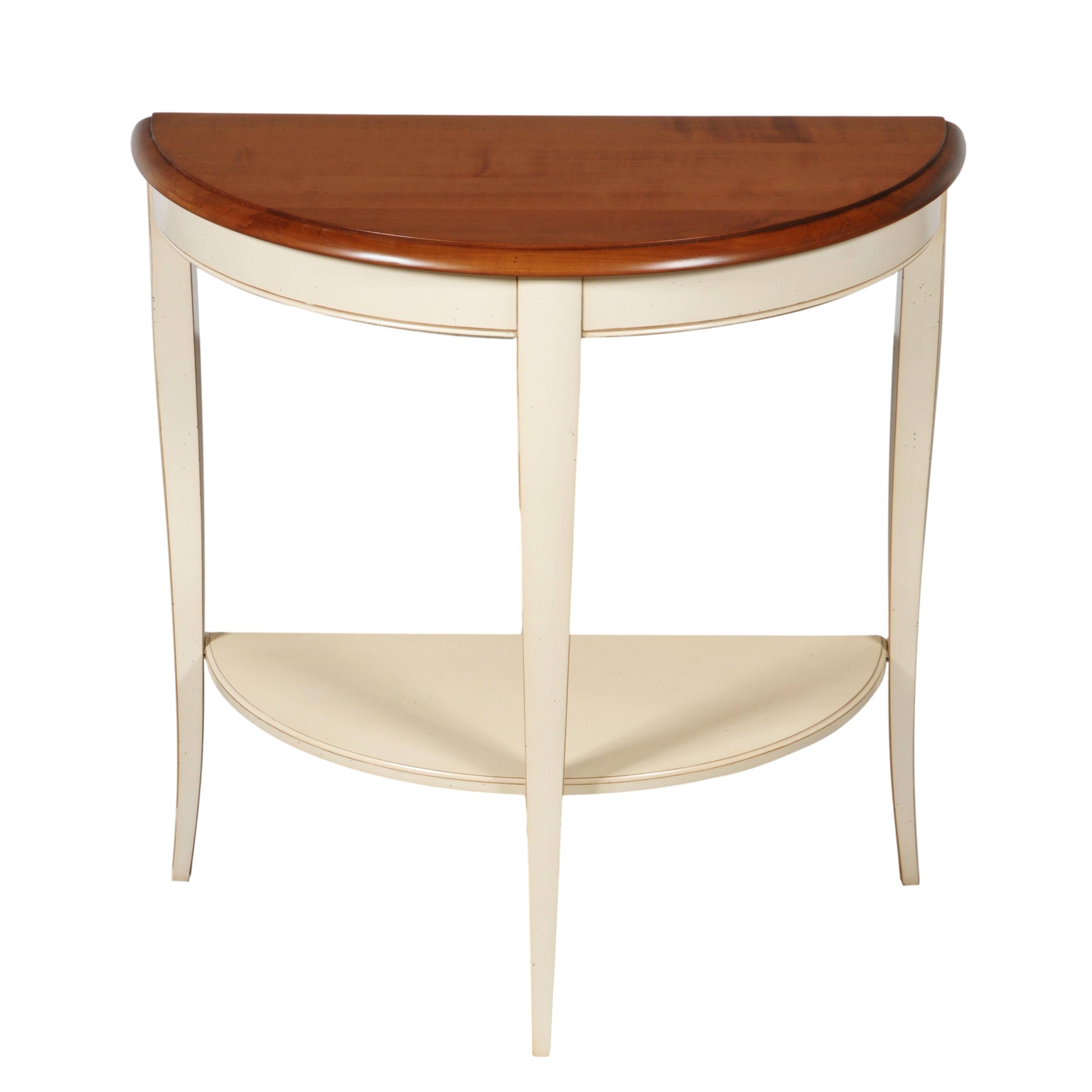 Half Moon Cherry Console, Betweenleg Shelf, White-Cream Lacquered, Stained Top