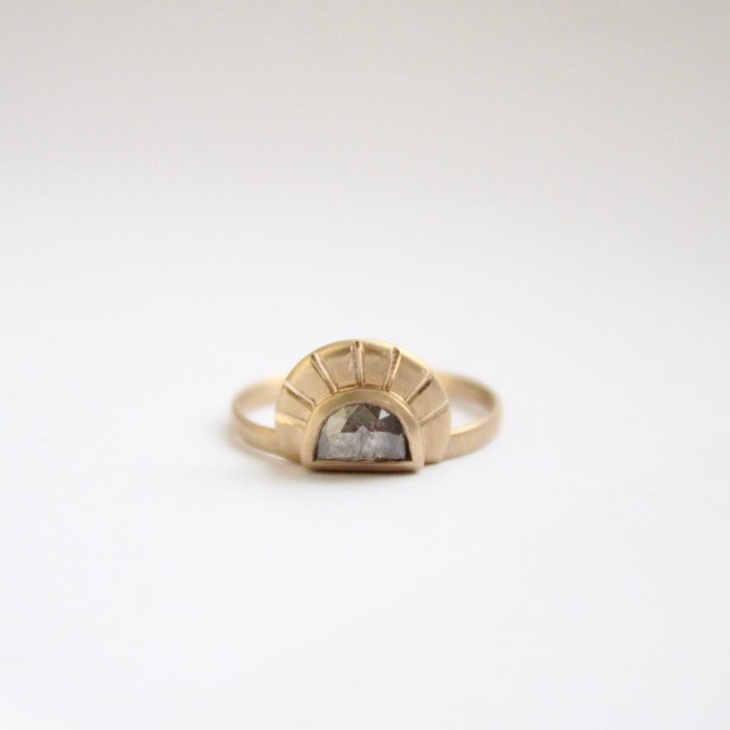 Artisan Half Moon Grey Diamond 14 Karat Gold Ring For Sale