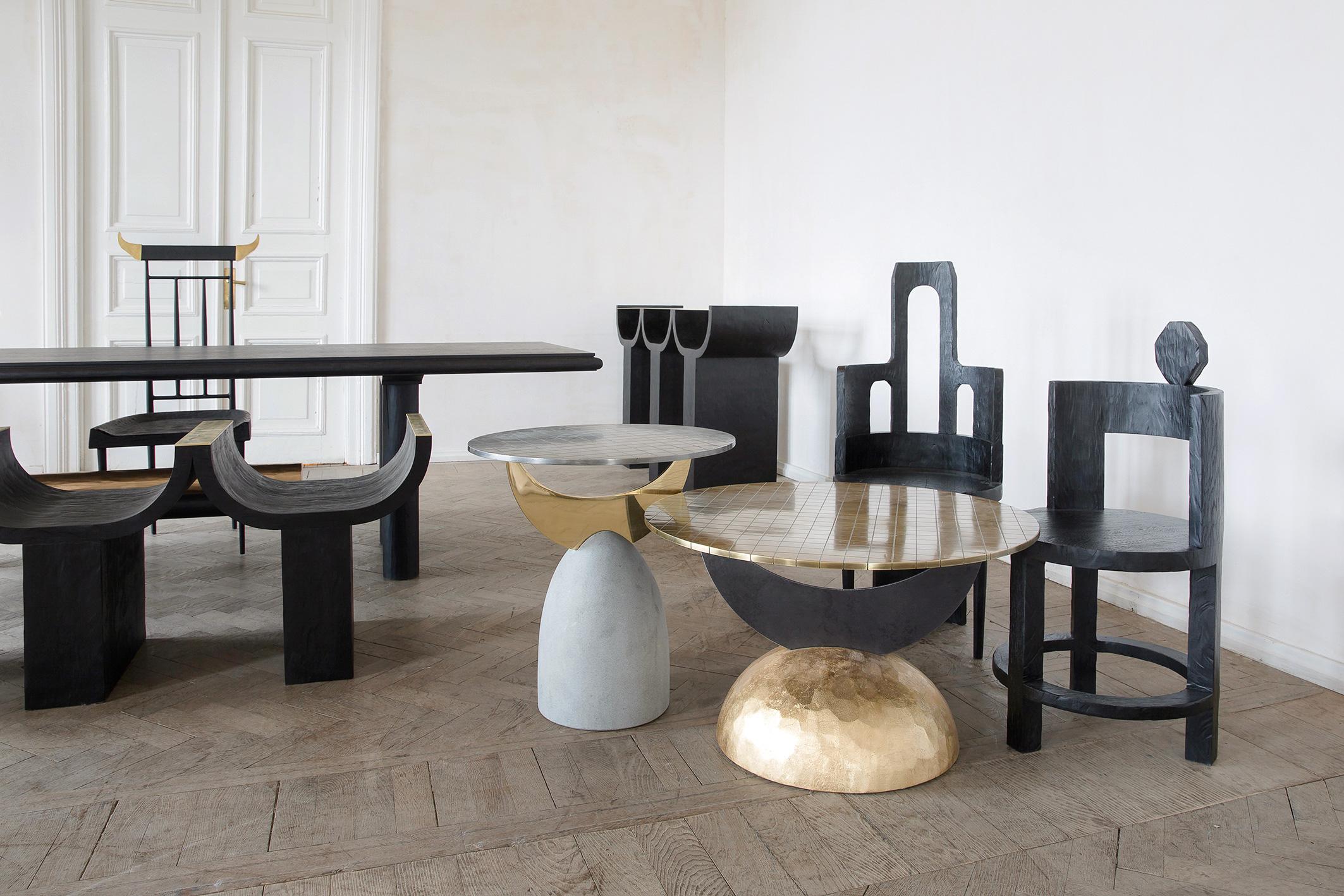 Contemporary Stone and Metal Half Moon Coffee Table II by Rooms Studio For Sale