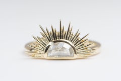 Half Moon Rose Cut Diamond Bezel Set with Sunray Evil Eye 14K Yellow Gold Ring