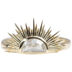 Half Moon Rose Cut Diamond Bezel Set with Sunray Evil Eye 14K Yellow Gold Ring