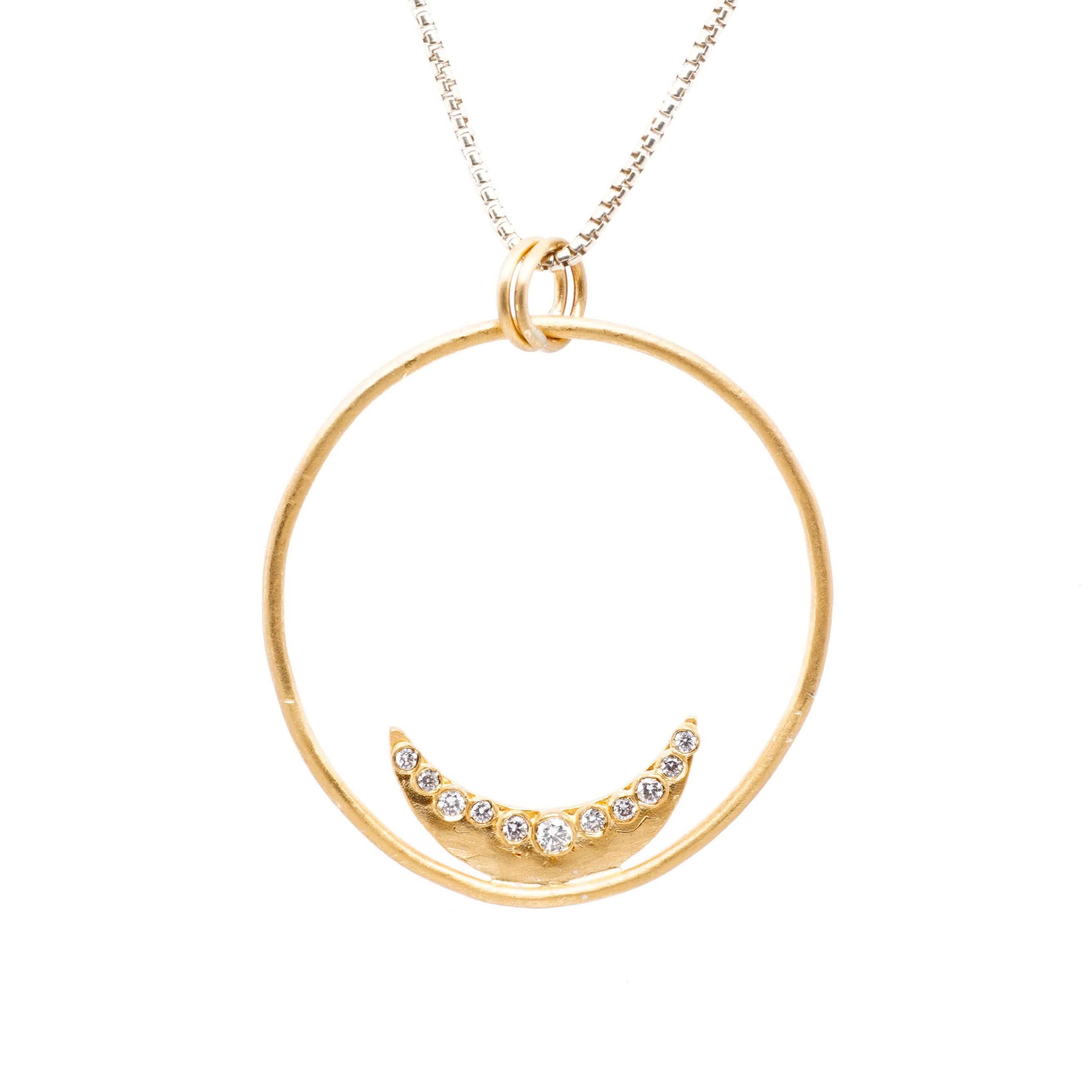 Contemporary Half Moon Solid 24kt Yellow Gold Pendant Necklace with Diamonds For Sale