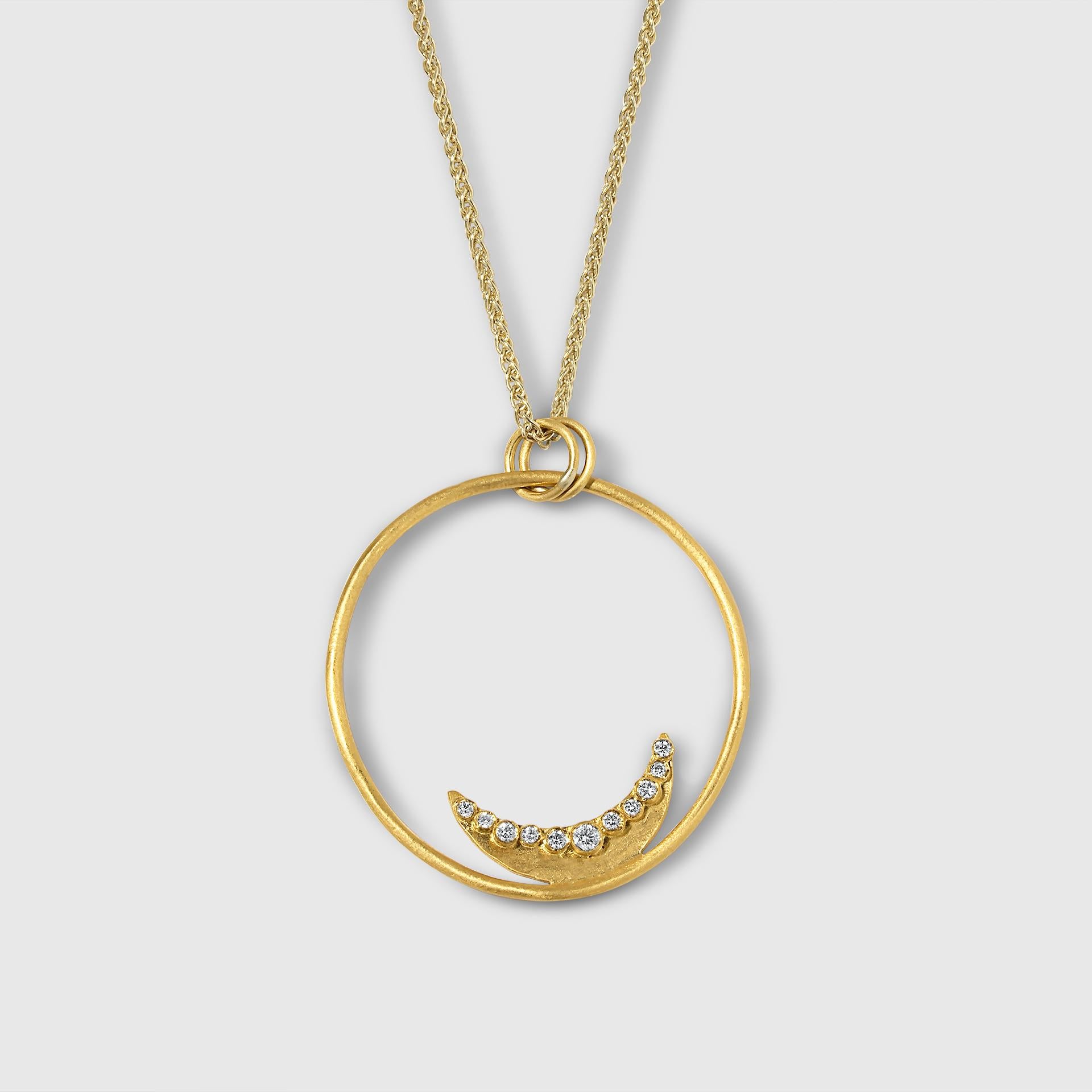 Half Moon Solid 24kt Gold Pendant Necklace with Diamonds by Prehistoric Works of Istanbul, Turkey. These pendants look great alone or paired with other coin pendants or with miniature pendants. Measures 35mm x 35mm. Goes very well with a 22