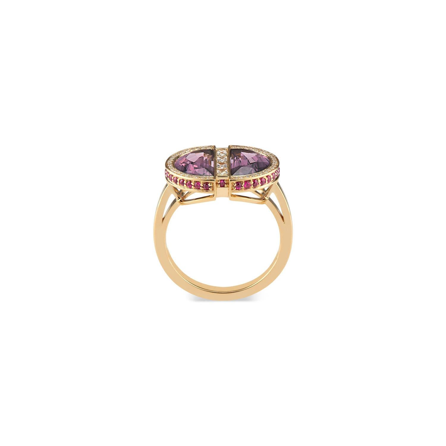 With its captivating rich coloration and striking geometric form, Ri Noor's Half Moon Spinel, Ruby and Diamond Ring continues the brand's philosophy of creating statement-making jewelry that transitions between day and night. Two half moon spinels,
