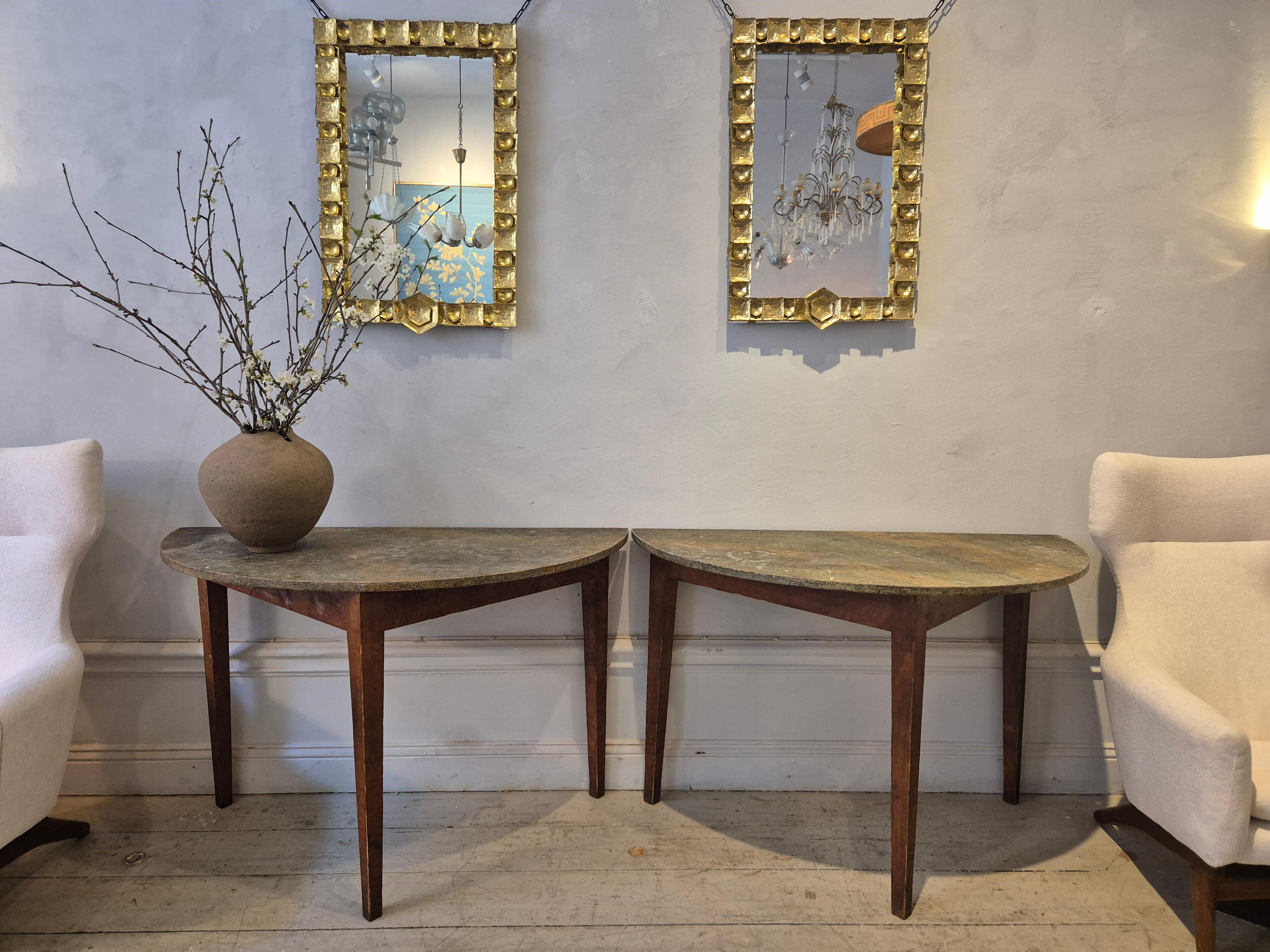 Folk Art Half moon tables, marbled table tops, Allmoge /Swedish provincial style, 1860s. For Sale