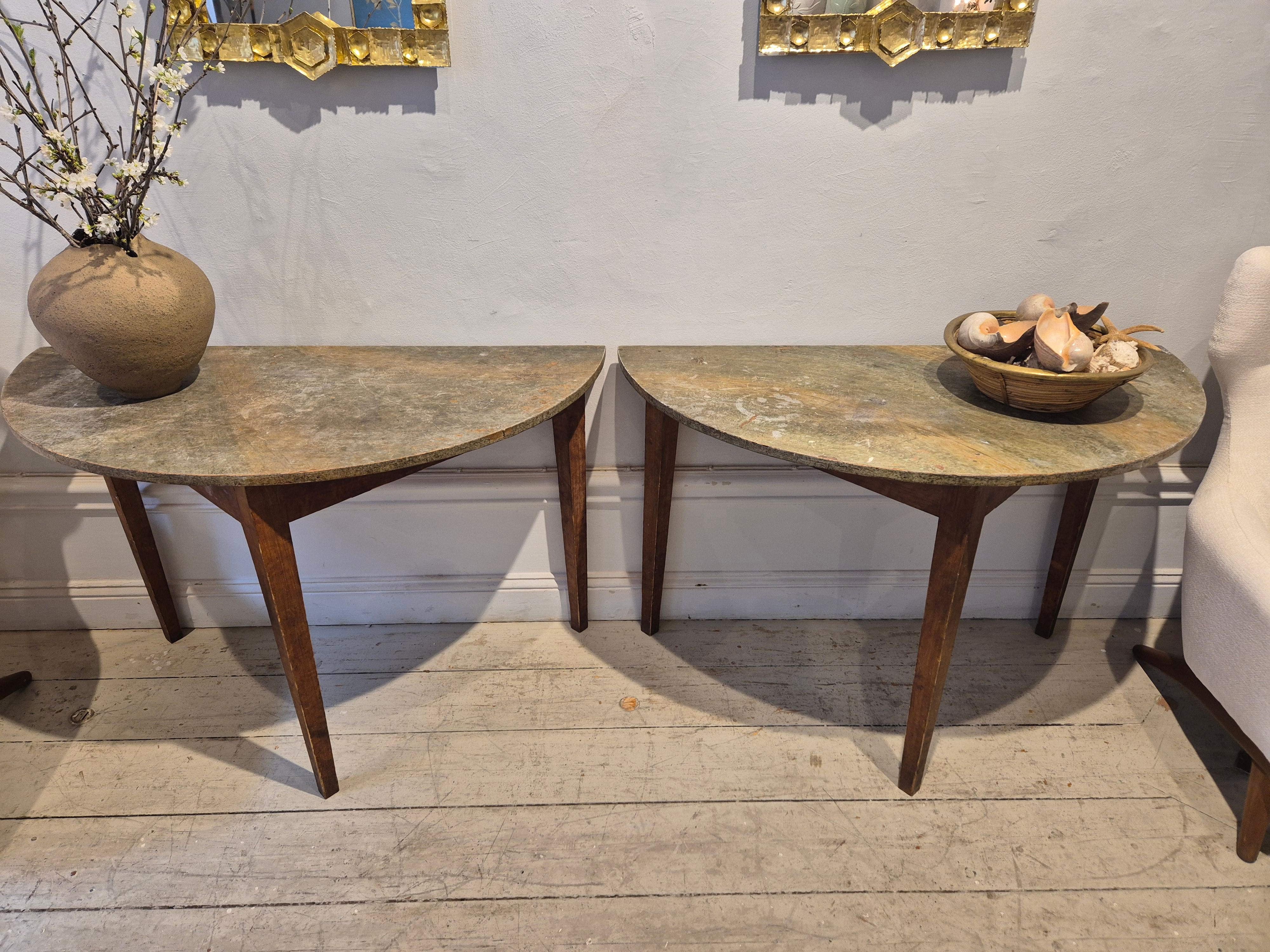 Wood Half moon tables, marbled table tops, Allmoge /Swedish provincial style, 1860s. For Sale