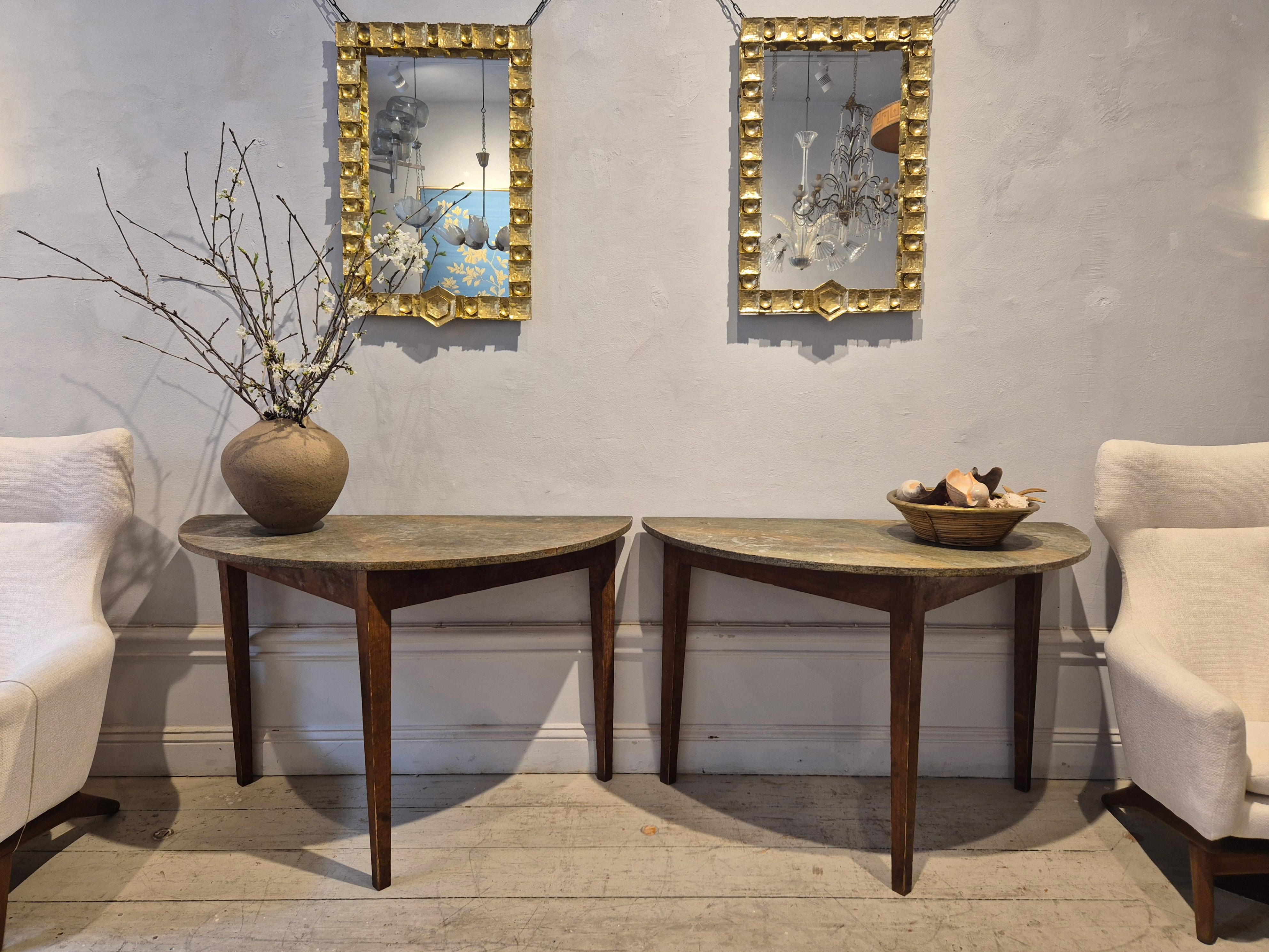 Half moon tables, marbled table tops, Allmoge /Swedish provincial style, 1860s. For Sale 1