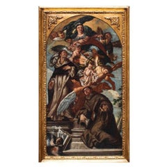 Half of 17th Century Madonna of The Rosary with Saints Painting Oil on Canvas