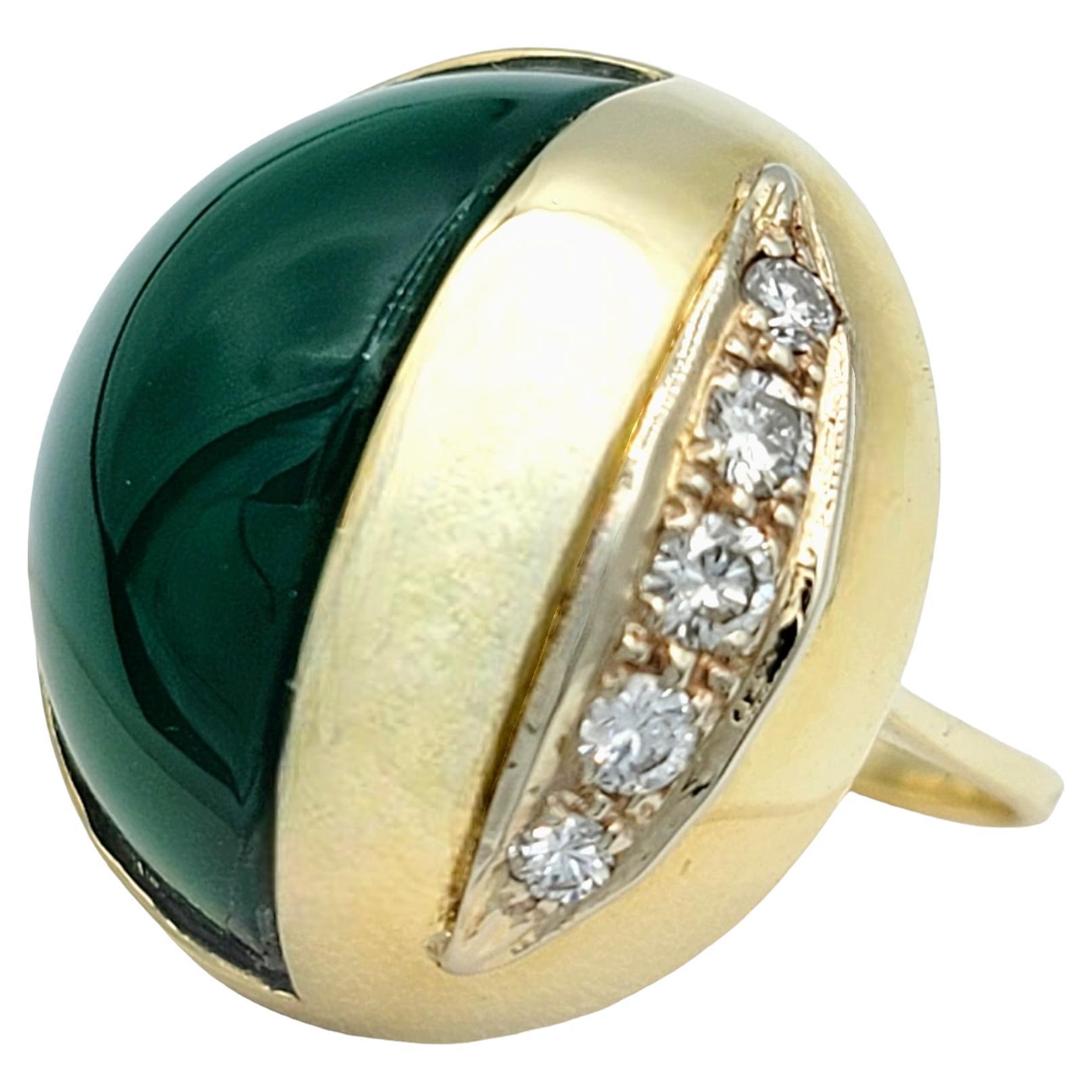 Contemporary Half Oval Cabochon Chalcedony and Diamond Dome Ring in 14 Karat Yellow Gold  For Sale