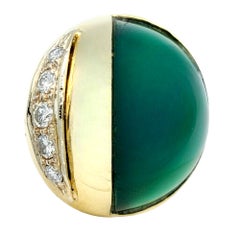 Half Oval Cabochon Chalcedony and Diamond Dome Ring in 14 Karat Yellow Gold