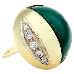 Half Oval Cabochon Chalcedony and Diamond Dome Ring in 14 Karat Yellow Gold 