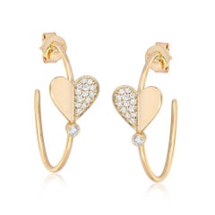 Half Pave Heart 14K (or 18k upon request) Yellow Gold Hoop Earrings
