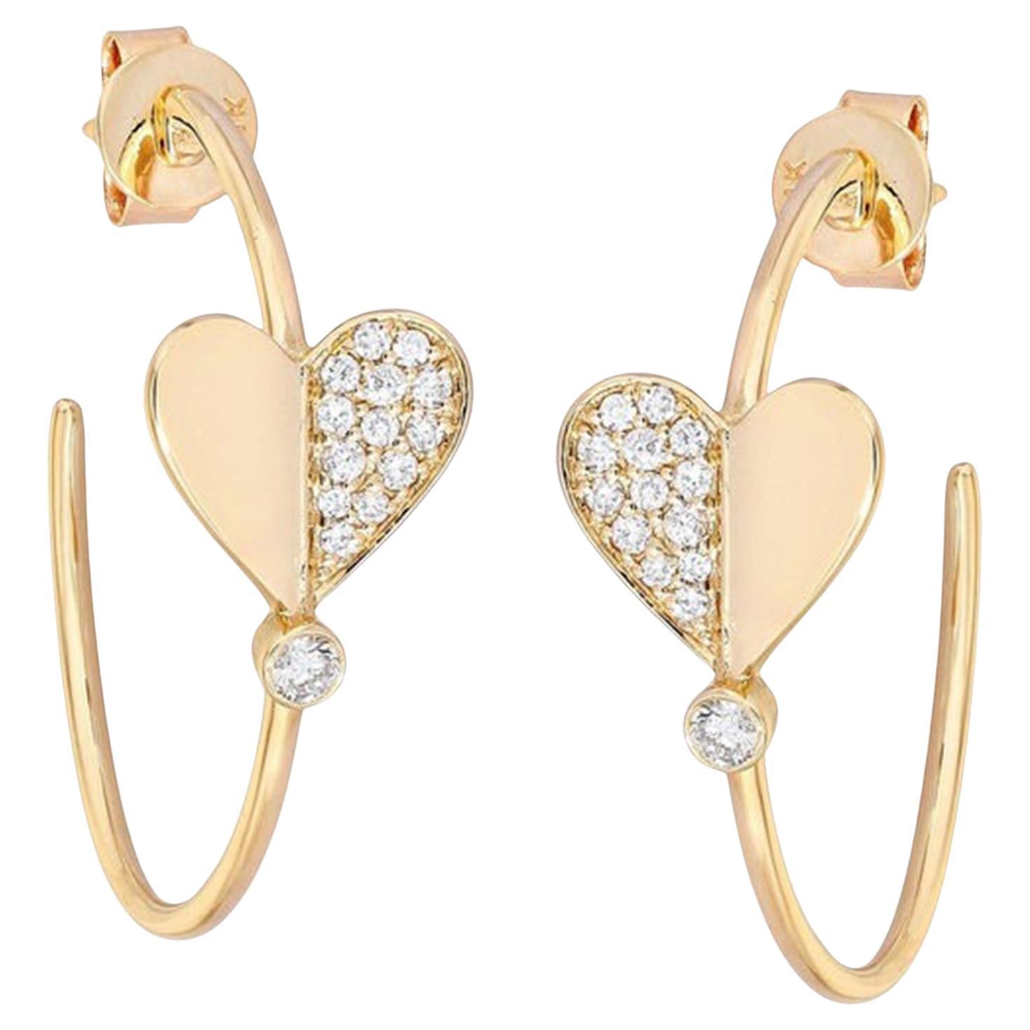 0.31ct Diamond Half Pave Heart 14K Yellow Gold Hoop Earrings For Sale