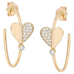 Half Pave Heart 14K (or 18k upon request) Yellow Gold Hoop Earrings