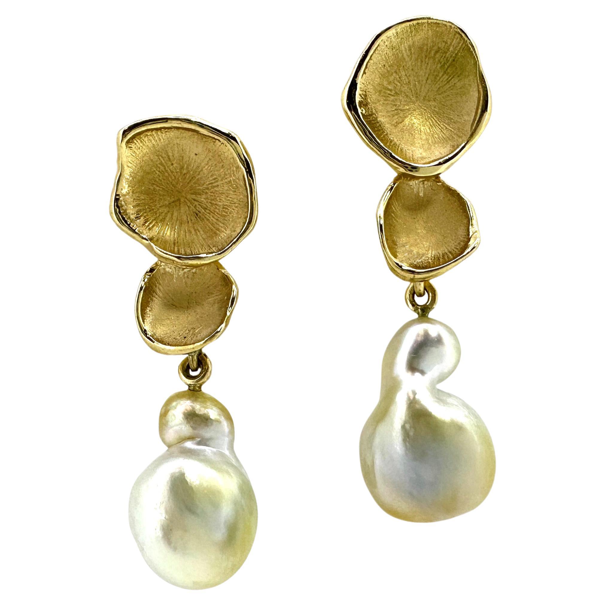 "Short Stack" Earrings in 18K Gold with White & Gold Baroque South Sea Pearls For Sale