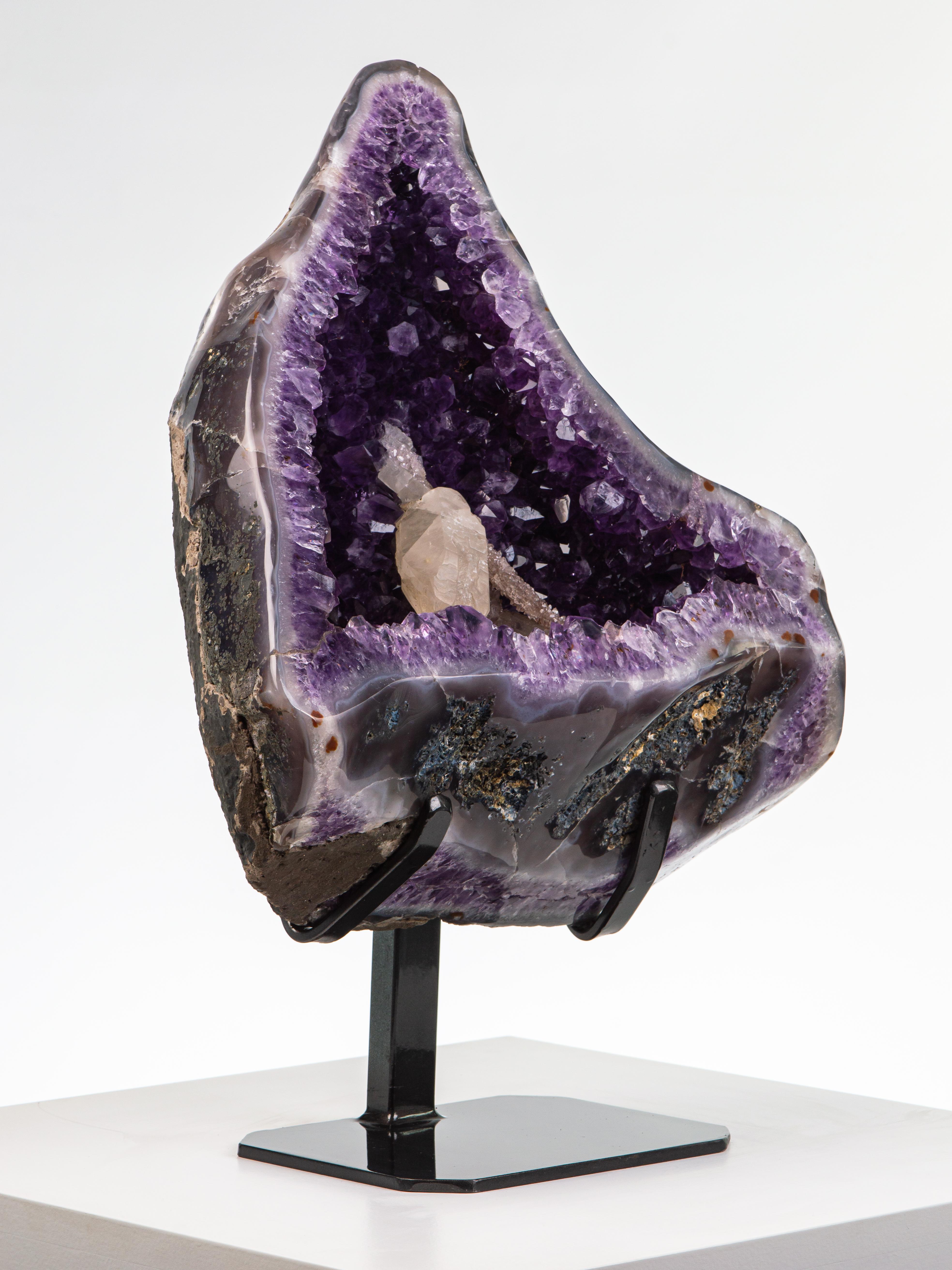 Half Polished Amethyst Geode with Agate Border and Calcite Formation For Sale 6