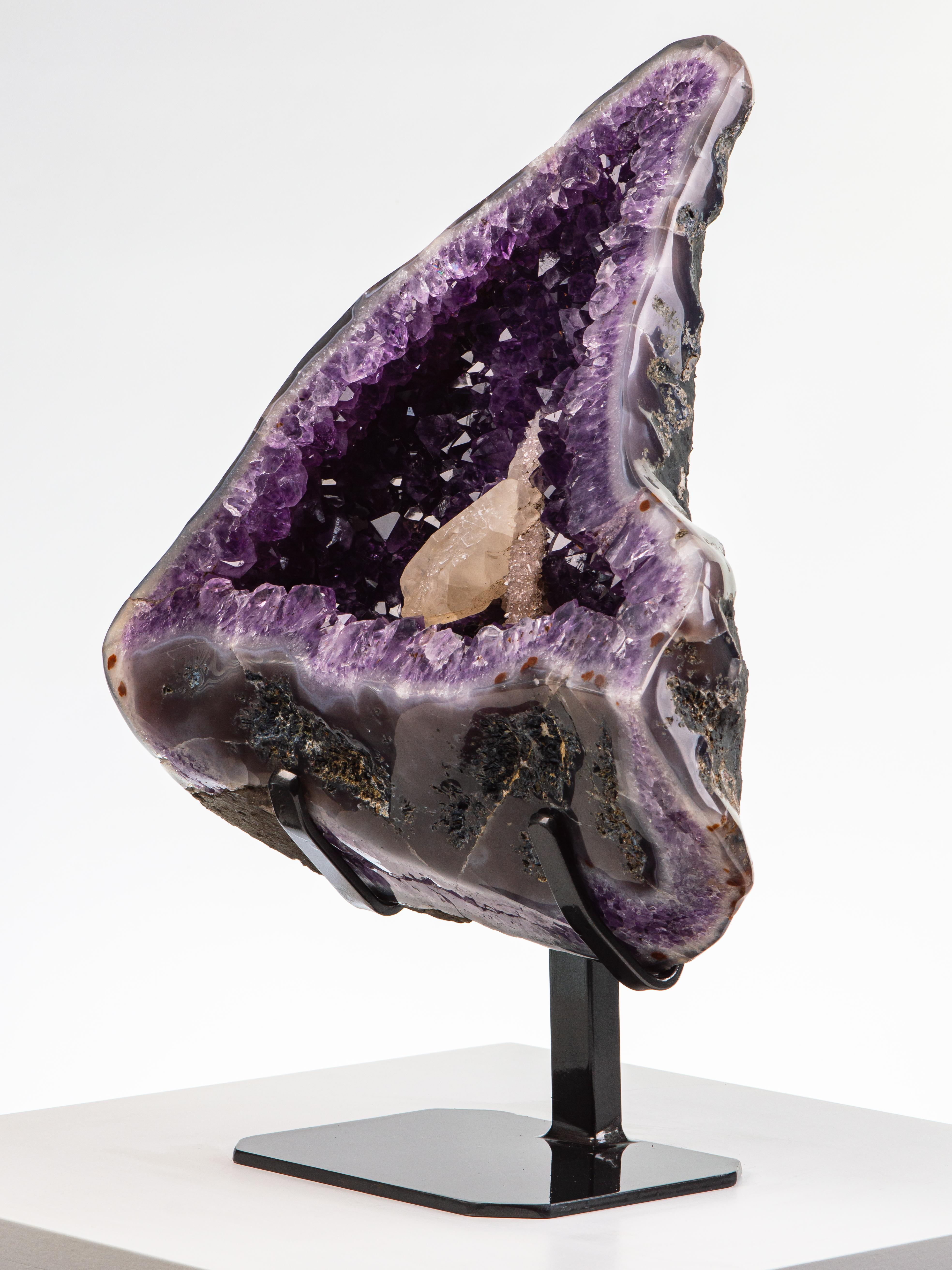Half Polished Amethyst Geode with Agate Border and Calcite Formation For Sale 7