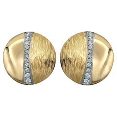 Half Polished Half Textured Diamond Disc Earrings 14 Karat Yellow and White Gold