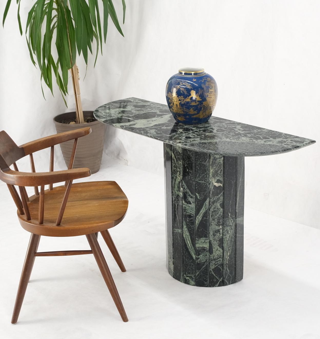Carved Half Round Single Pedestal Green to Grey Marble Console Sofa Table Mid Century