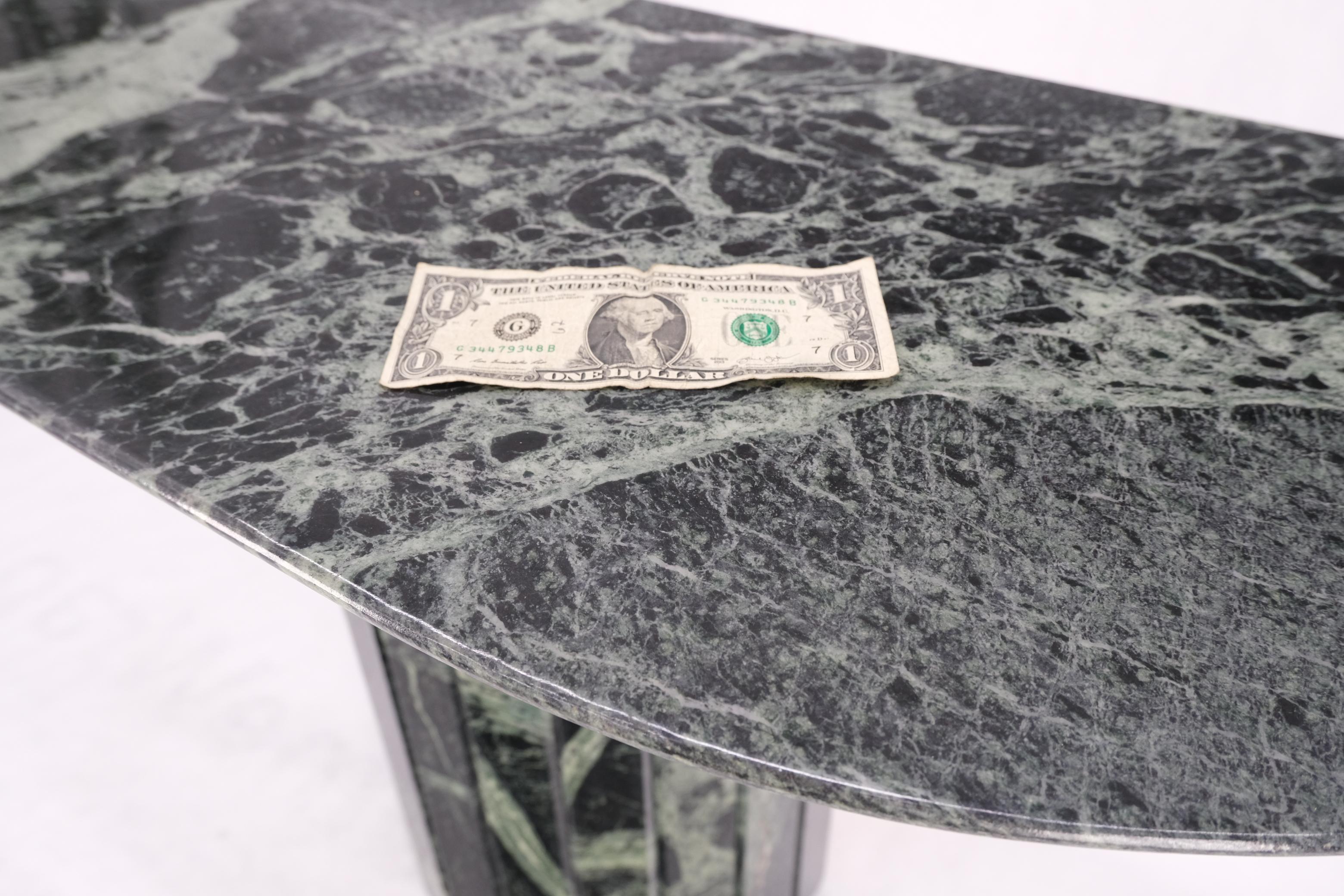 Half Round Single Pedestal Green to Grey Marble Console Sofa Table Mid Century In Good Condition In Rockaway, NJ