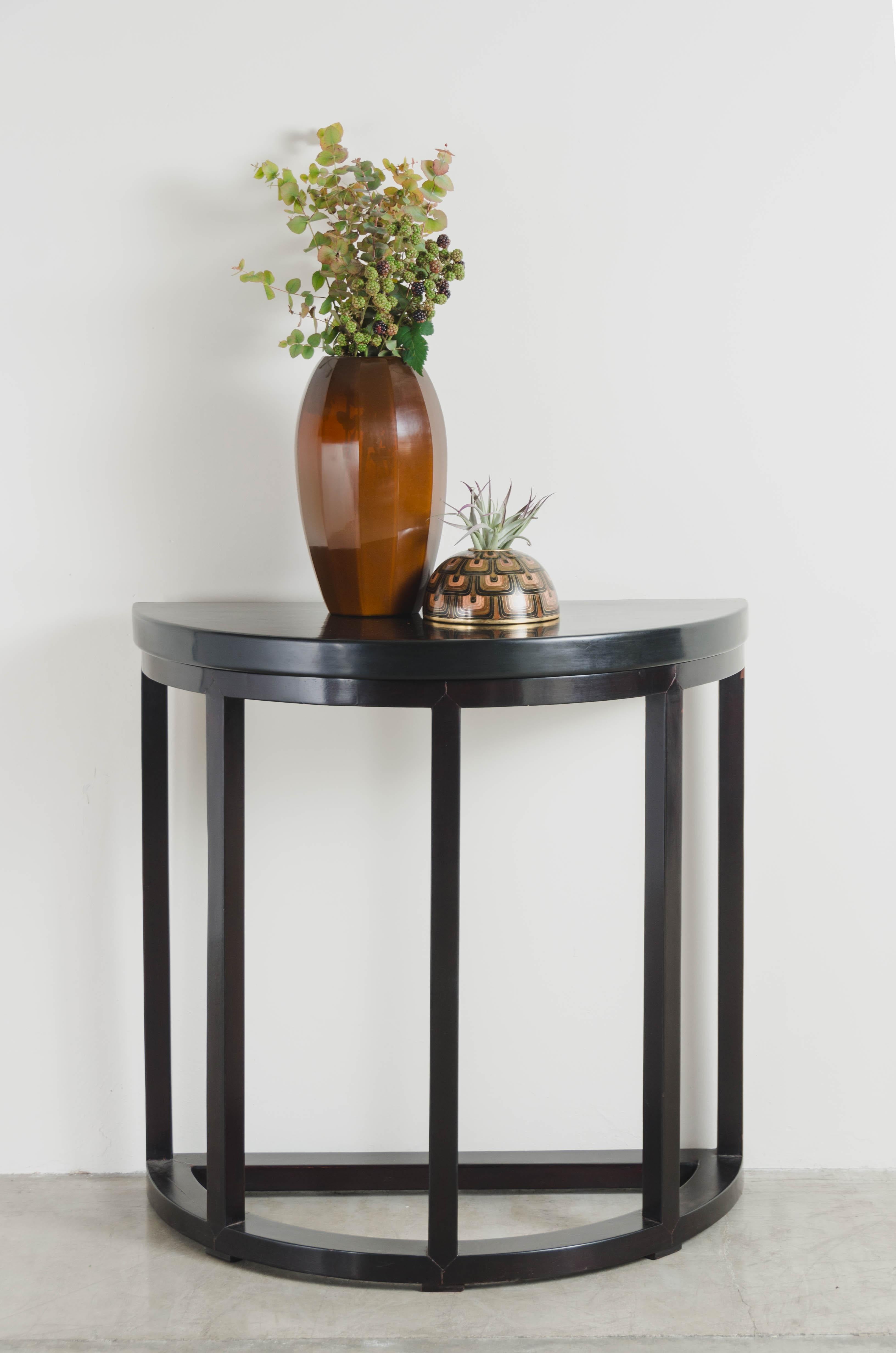 Elm Half Round Table, Black Lacquer by Robert Kuo, Handmade, Limited Edition For Sale
