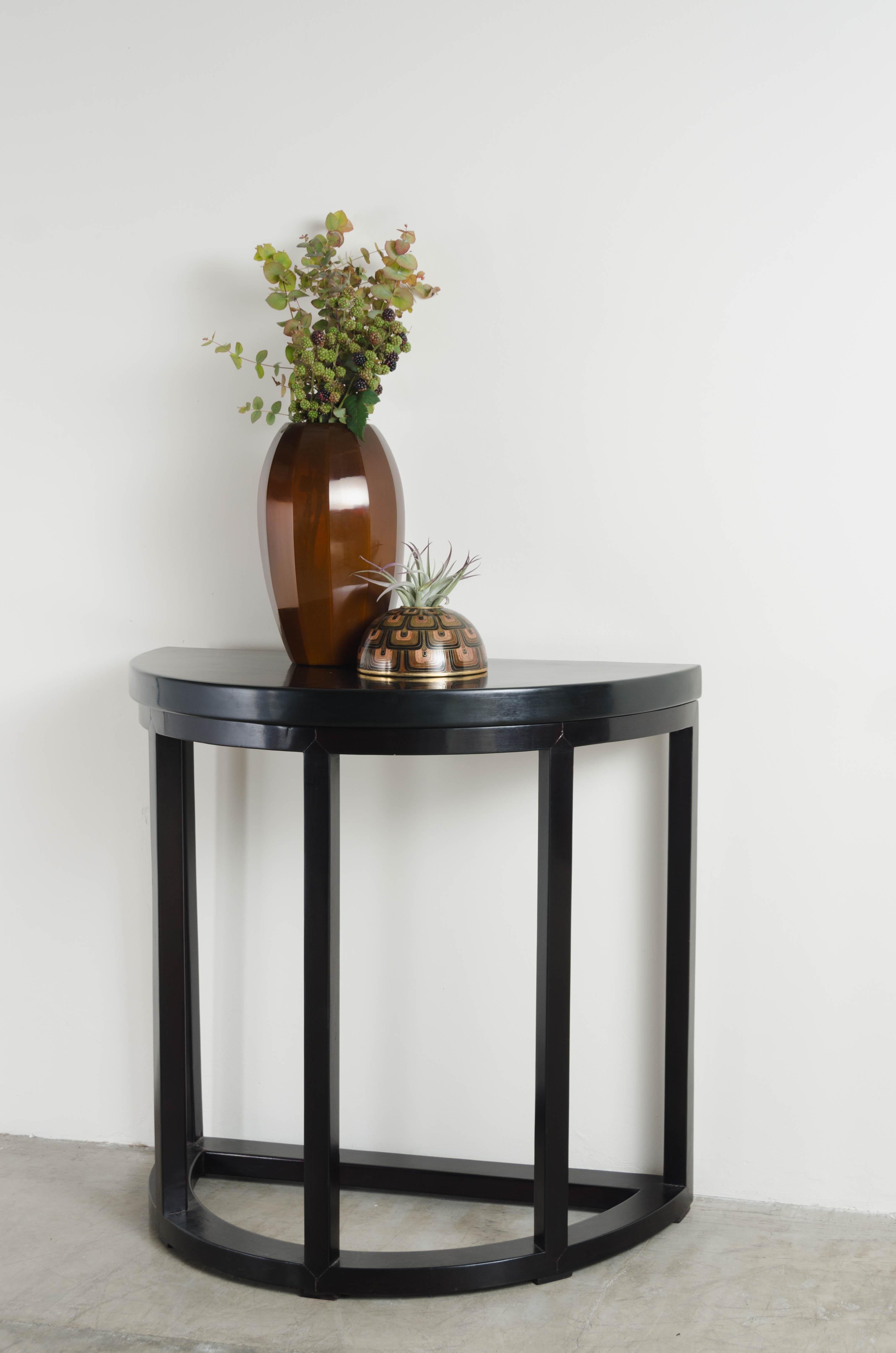 Half Round Table, Black Lacquer by Robert Kuo, Handmade, Limited Edition For Sale 1