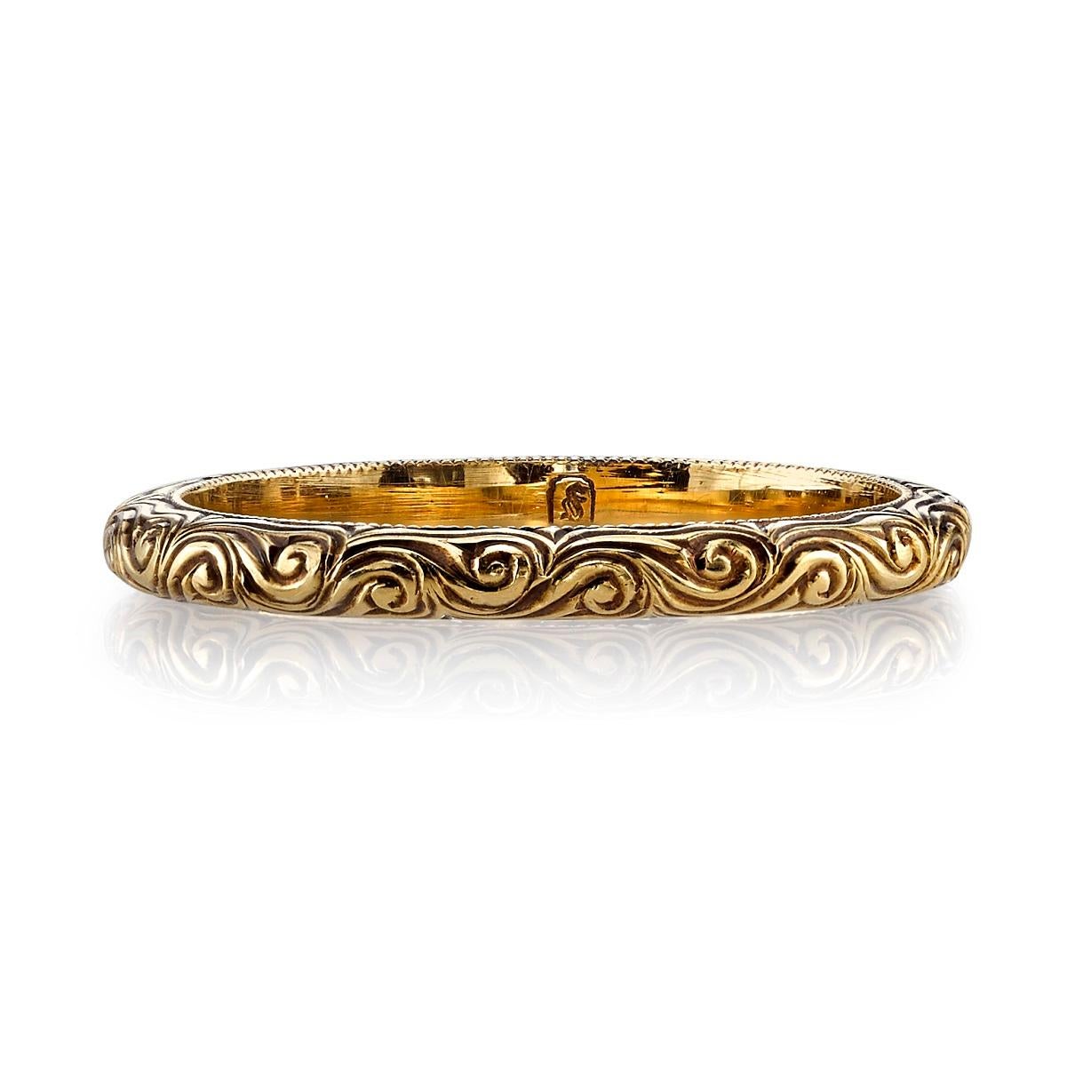2mm half rounded hand engraved 18K gold band. Available in an oxidized or polished finish.

Our jewelry is made locally in Los Angeles and most pieces are made to order. For these made-to-order items, please allow 8-10 weeks for delivery. In-stock
